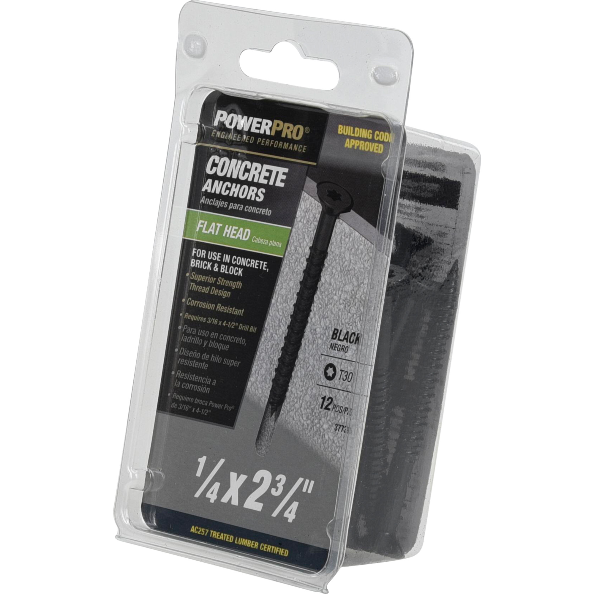 Power Pro Black Flat-Head Concrete Screw Anchor (1/4 in. x 2-3/4 in.) - 12 pc