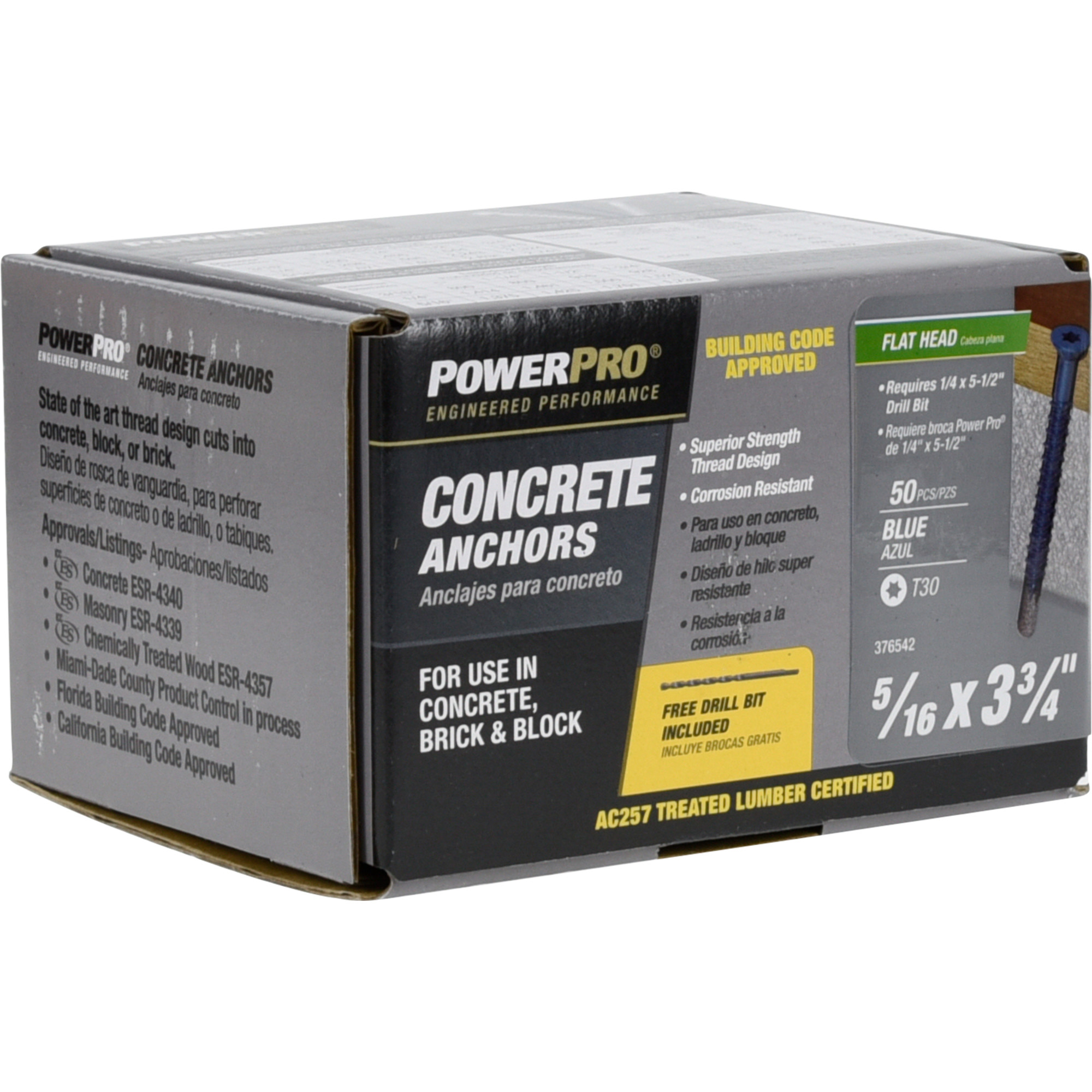 Power Pro Blue Flat-Head Concrete Screw Anchor (5/16 in. x 3-3/4 in.) - 50 pc