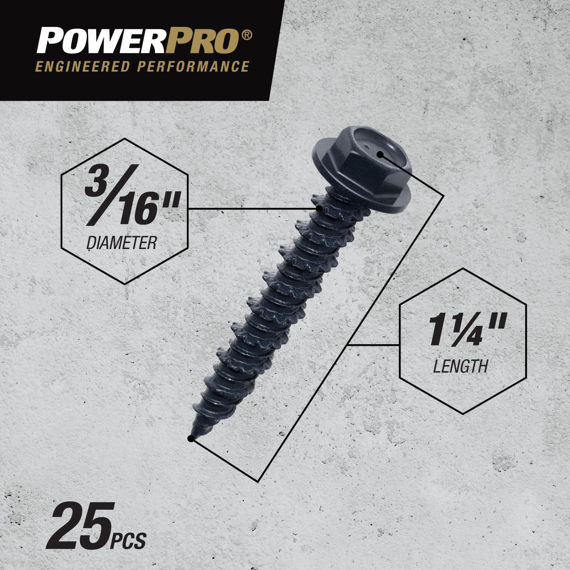 Power Pro Black Hex Washer-Head Concrete Screw Anchor (3/16 in. x 1-1/4 in.) - 25 pc