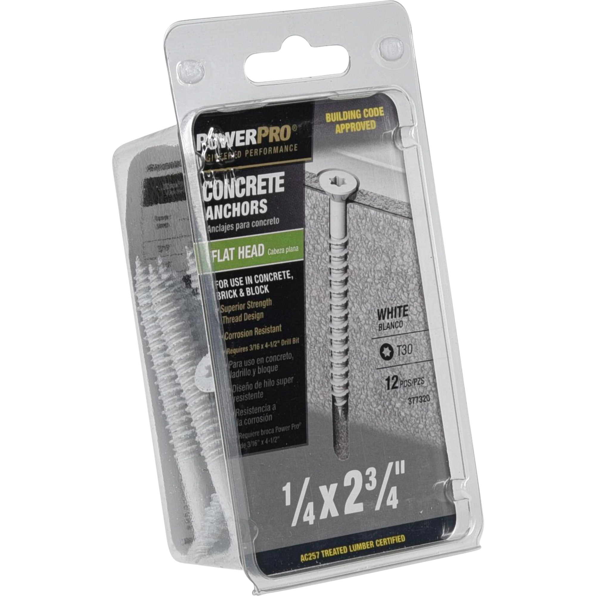 Power Pro White Flat-Head Concrete Screw Anchor (1/4 in. x 2-3/4 in.) - 12 pc