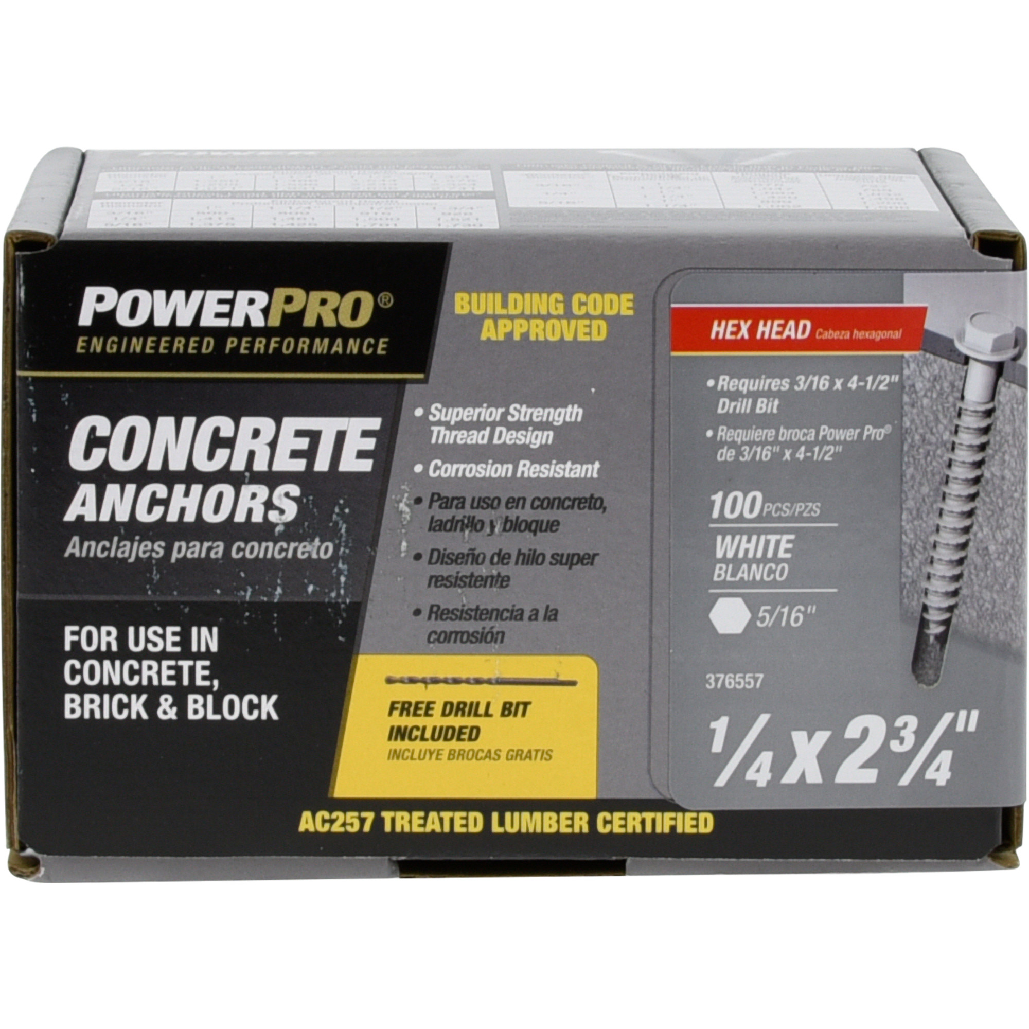 Power Pro White Hex Washer-Head Concrete Screw Anchor (1/4 in. x 2-3/4 in.) - 100 pc