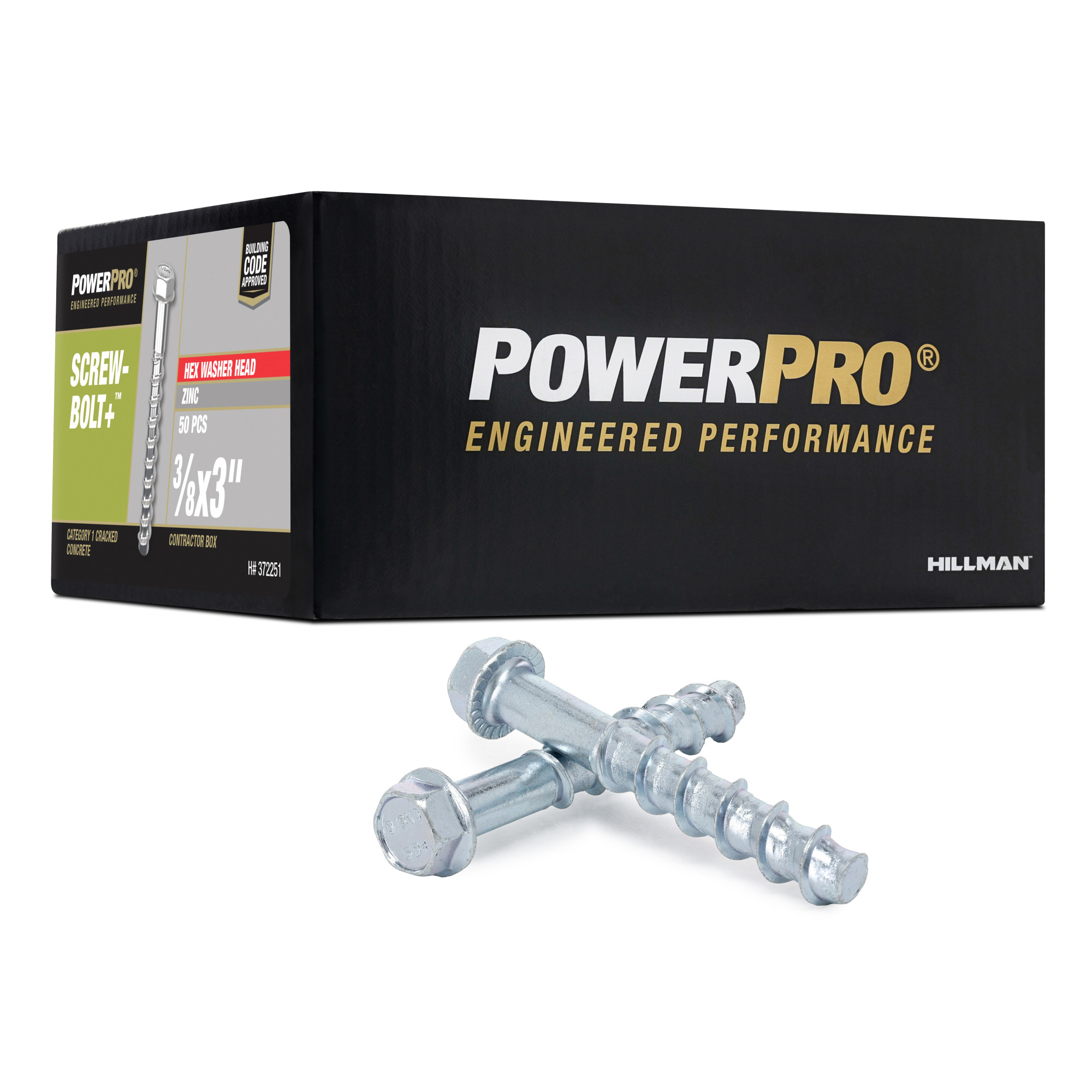 Power Pro Zinc Hex Washer Head Screw-Bolt+ Anchors (3/8 in. x 3 in.) - 50 pc