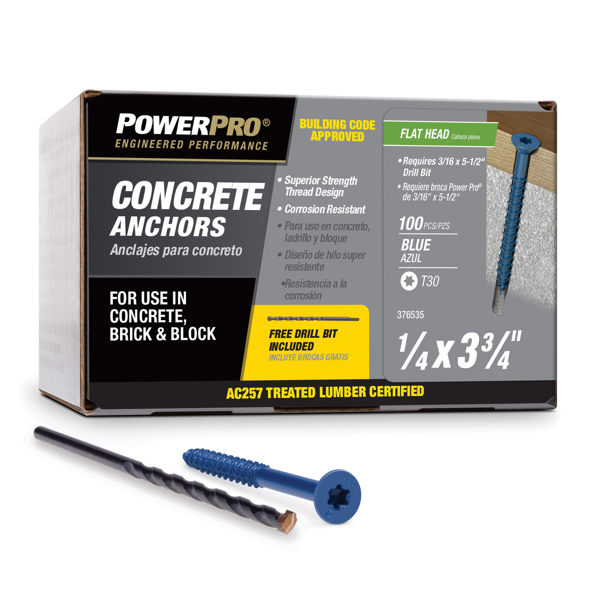 Power Pro Blue Flat-Head Concrete Screw Anchor (1/4 in. x 3-3/4 in.) - 100 pc