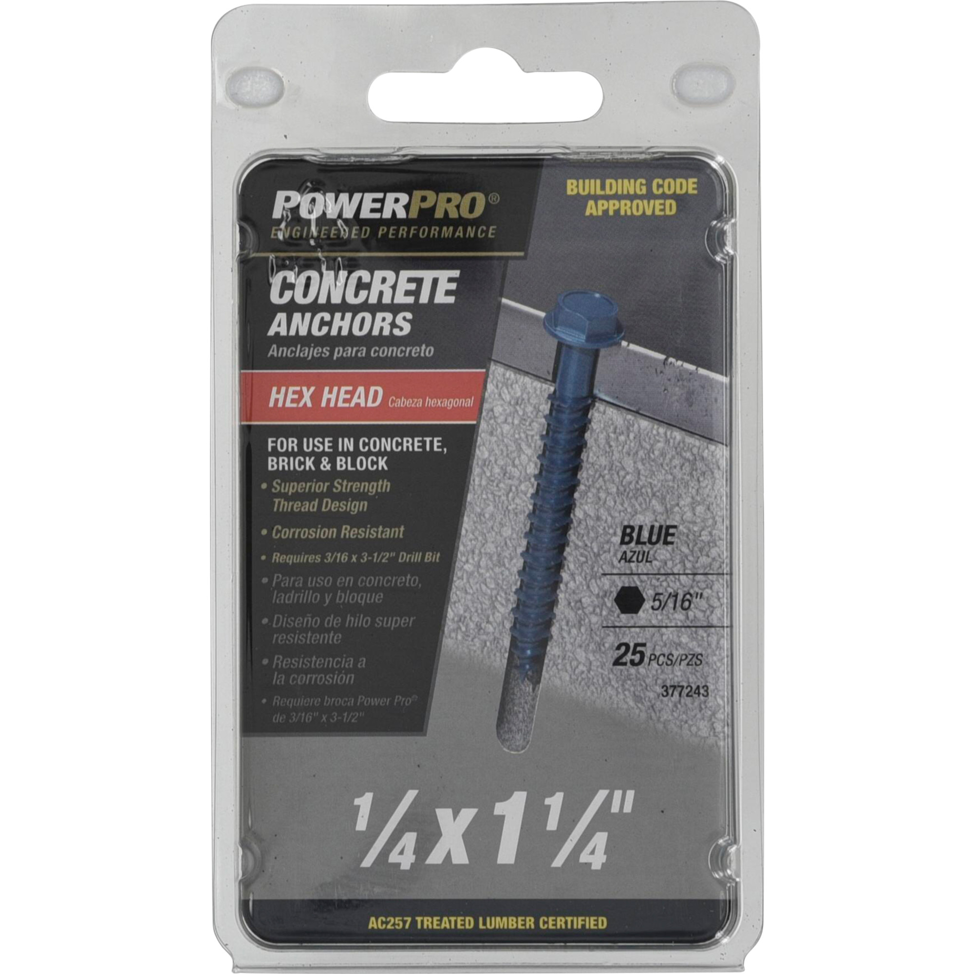 Power Pro Blue Hex Washer-Head Concrete Screw Anchor (1/4 in. x 1-1/4 in.) - 25 pc