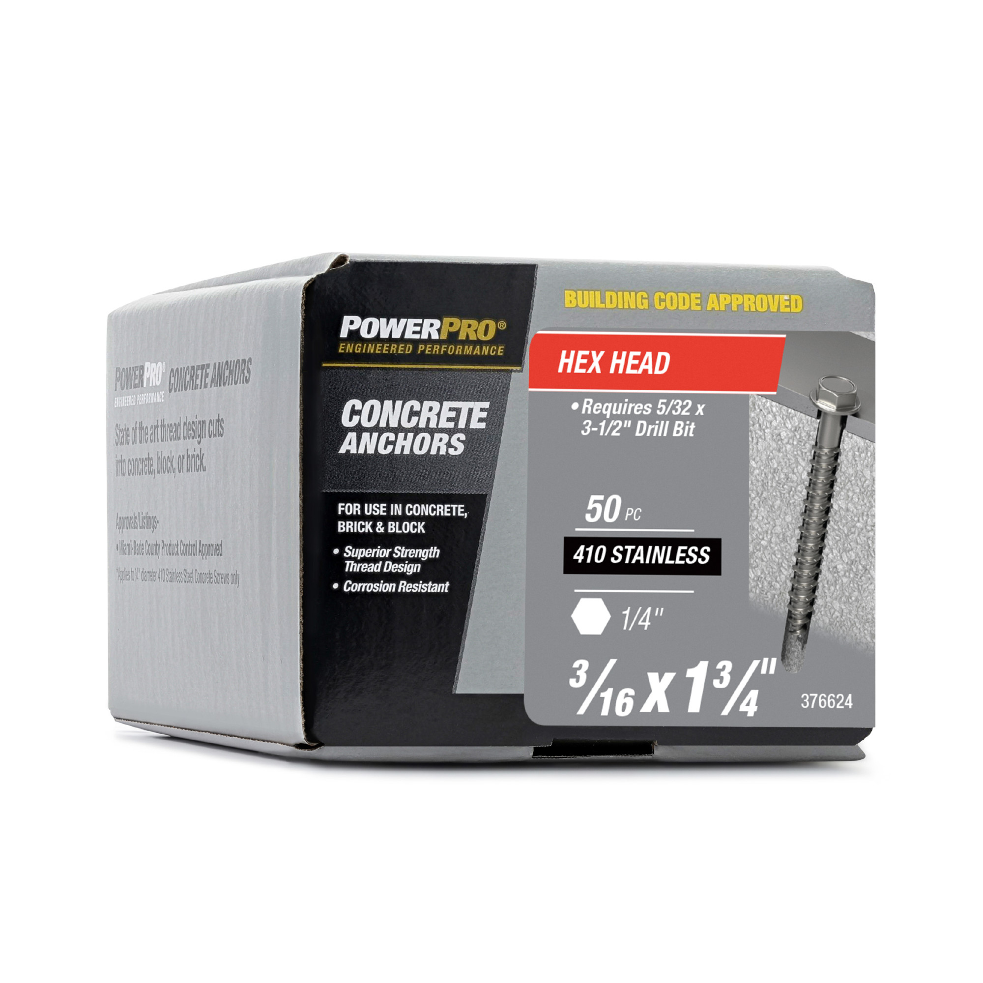 Power Pro 410 Stainless Hex Washer Concrete Screw Anchor (3/16 in. x 1-3/4 in.)100pc