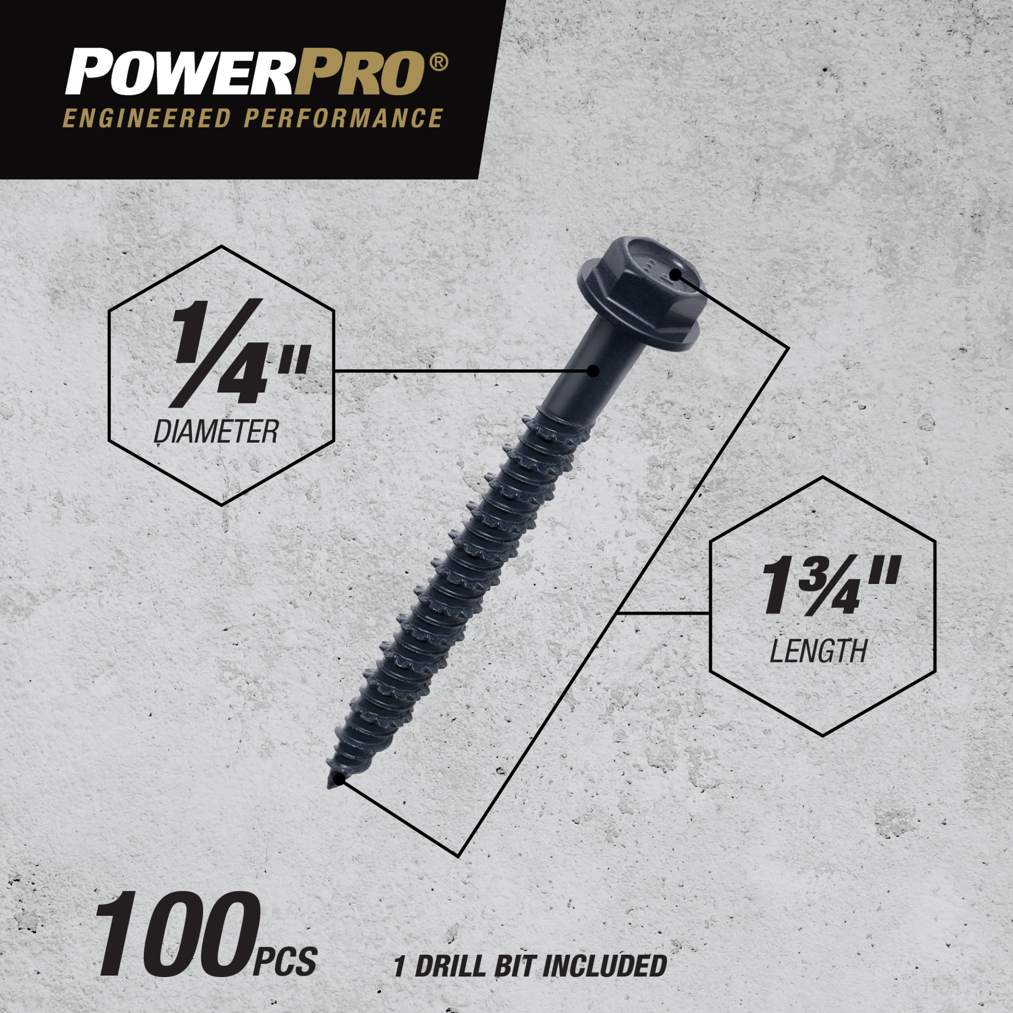 Power Pro Black Hex Washer-Head Concrete Screw Anchor (1/4 in. x 1-3/4 in.) - 100 pc