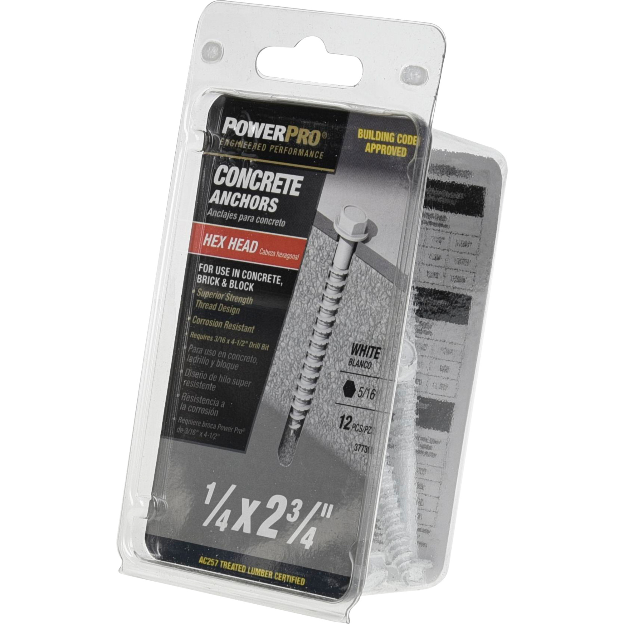 Power Pro White Hex Washer-Head Concrete Screw Anchor (1/4 in. x 2-3/4 in.) - 12 pc