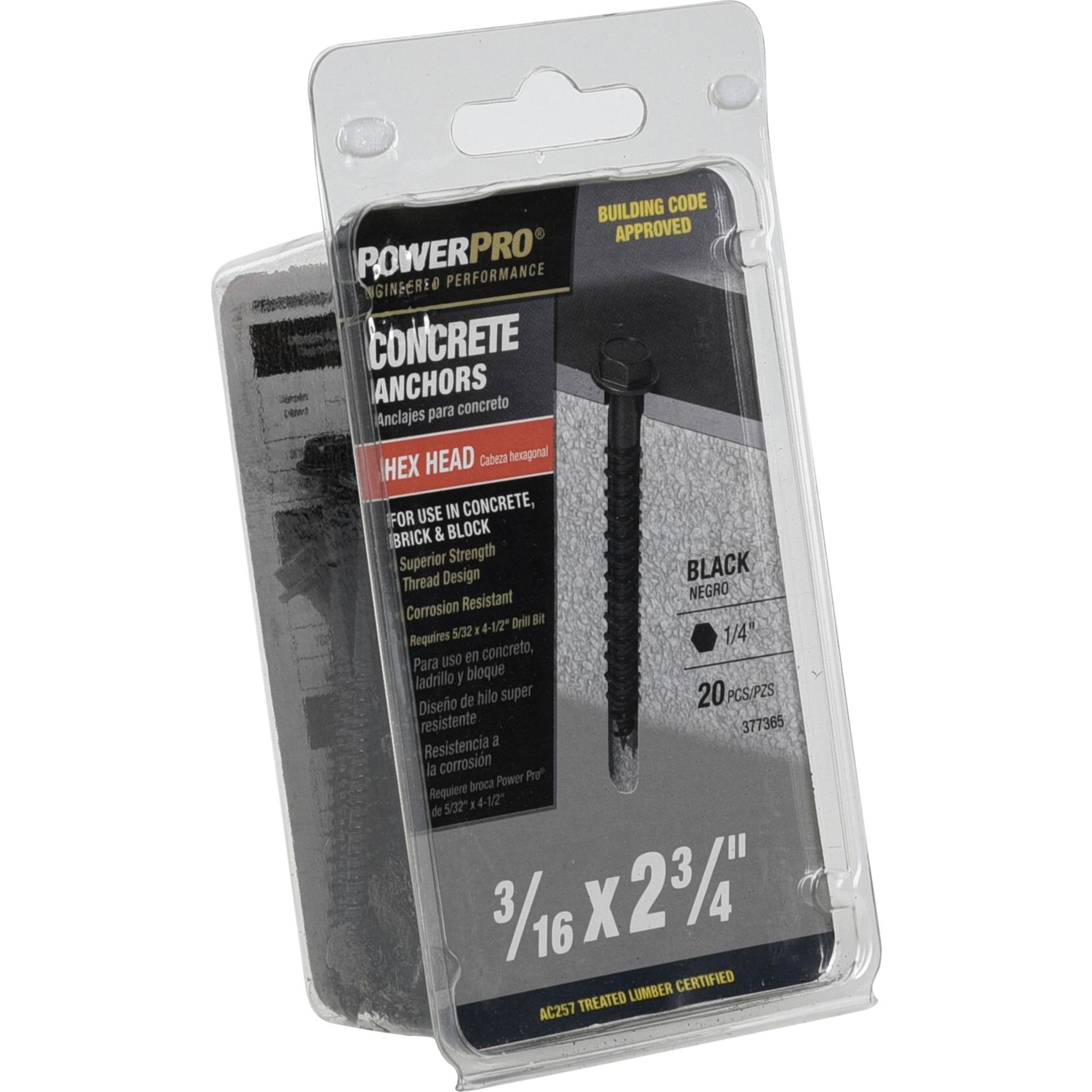 Power Pro Black Hex Washer-Head Concrete Screw Anchor (3/16 in. x 2-3/4 in.) - 20 pc