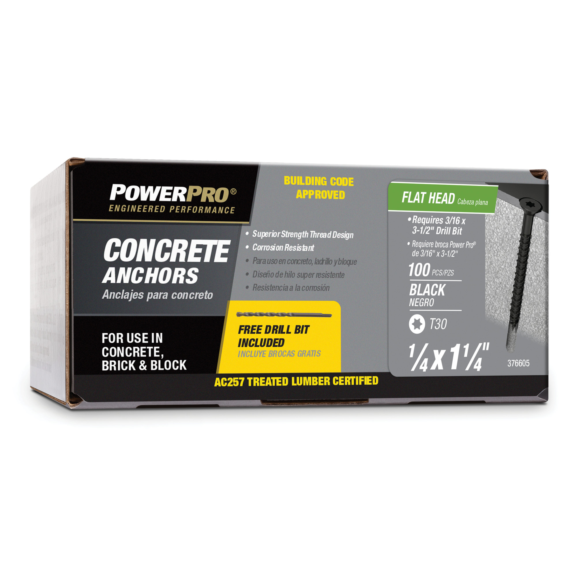 Power Pro Black Flat-Head Concrete Screw Anchor (1/4 in. x 1-1/4 in.) - 100 pc