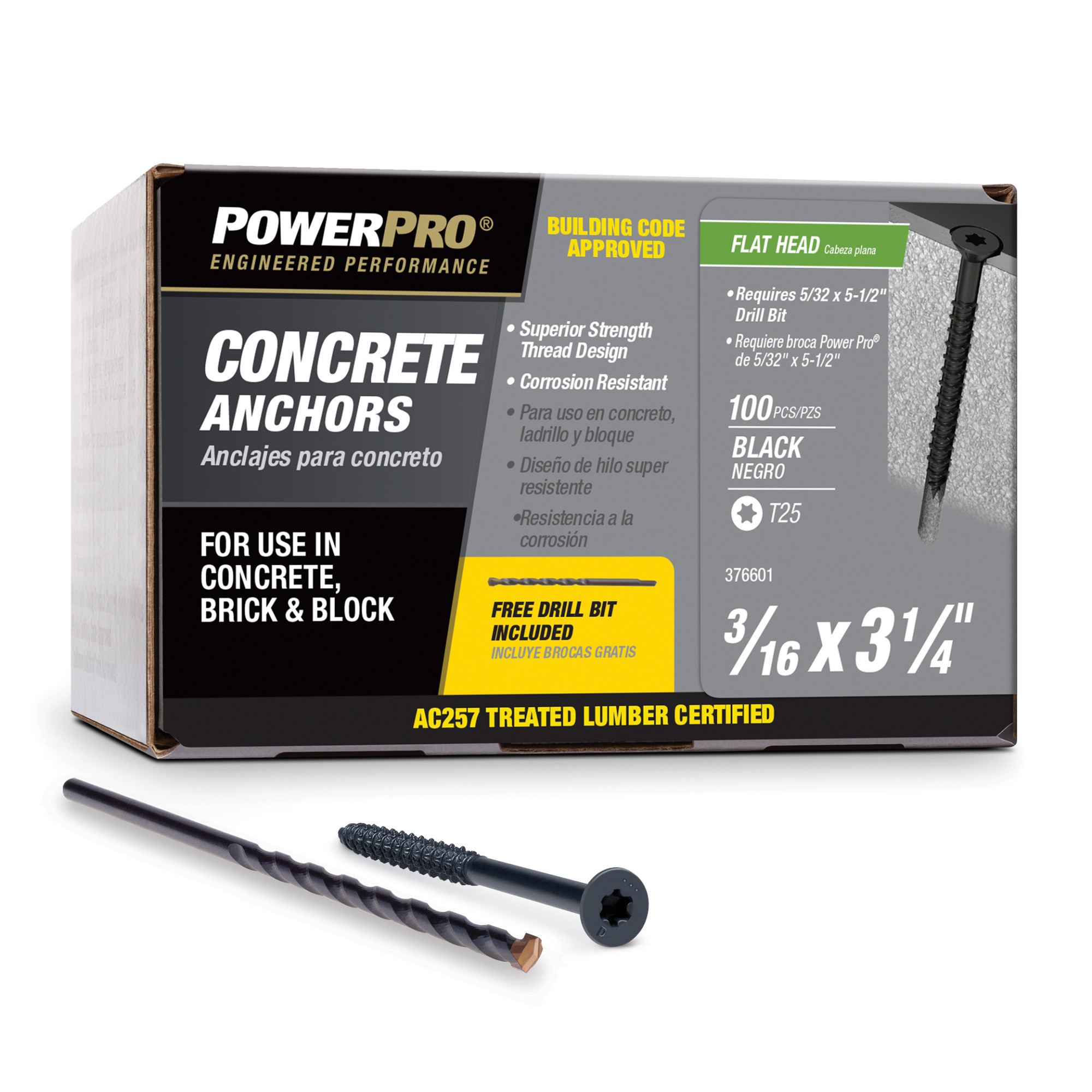 Power Pro Black Flat-Head Concrete Screw Anchor (3/16 in. x 3-1/4 in.) - 100 pc