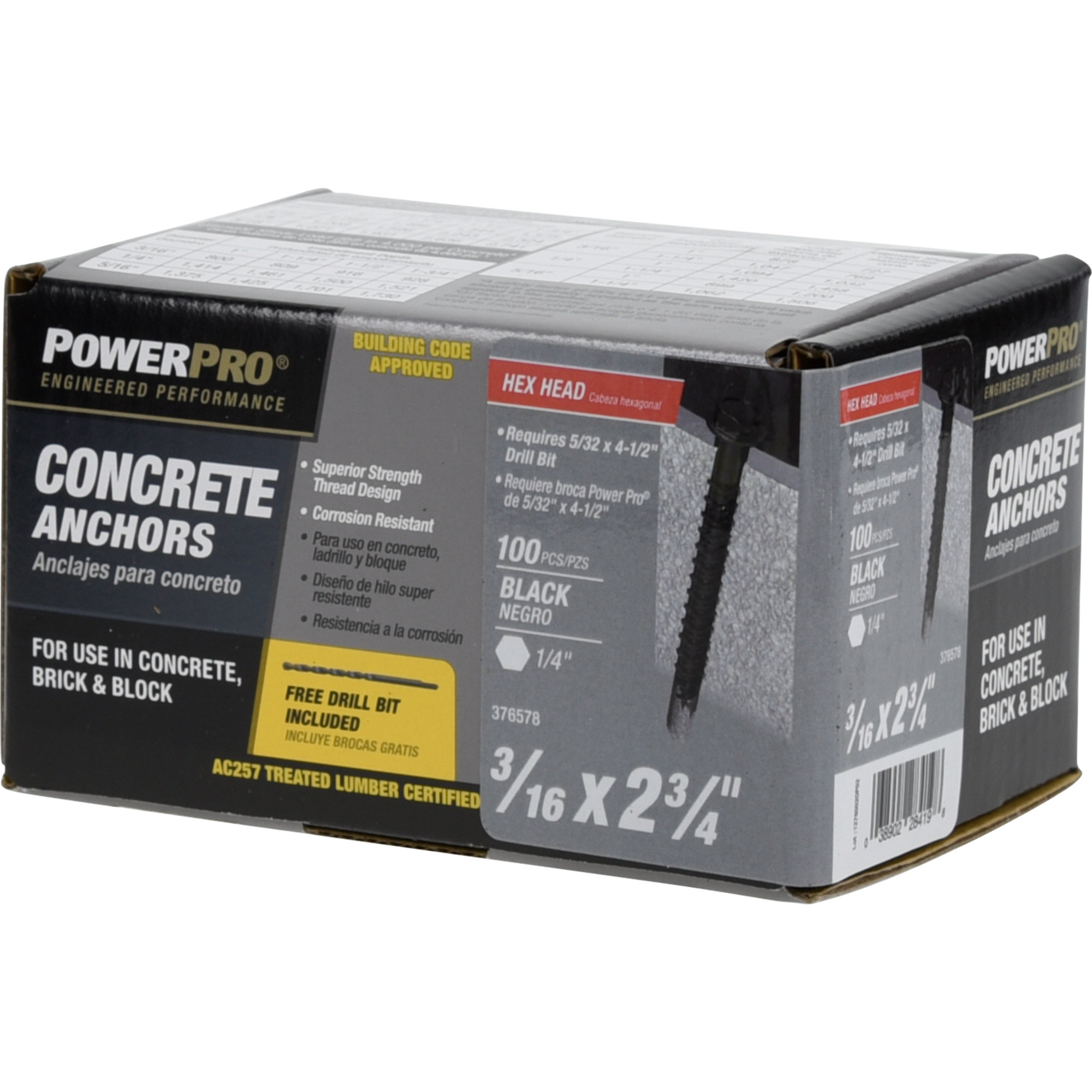 Power Pro Black Hex Washer-Head Concrete Screw Anchor (3/16 in. x 2-3/4 in.) - 100 pc