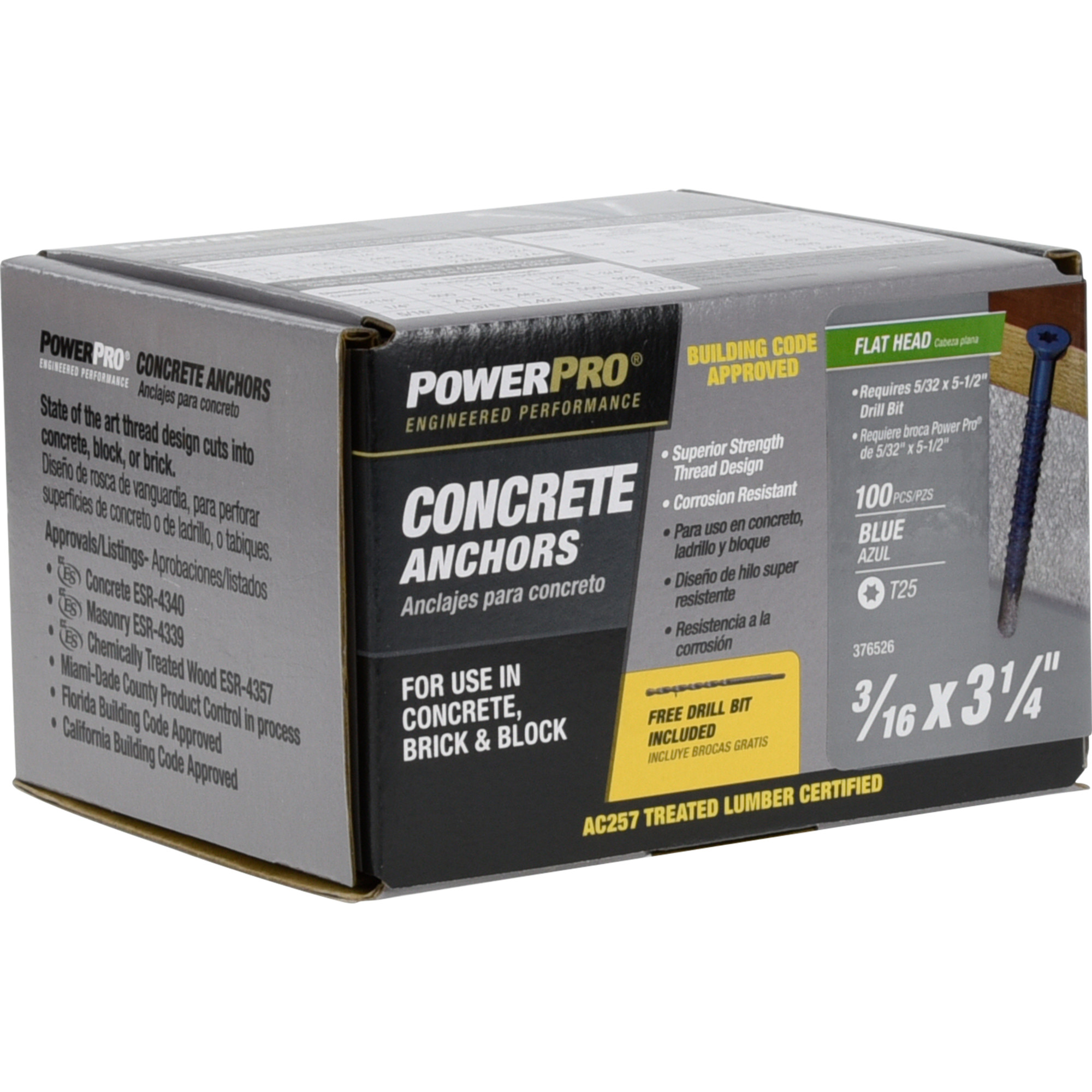 Power Pro Blue Flat-Head Concrete Screw Anchor (3/16 in. x 3-1/4 in.) - 100 pc