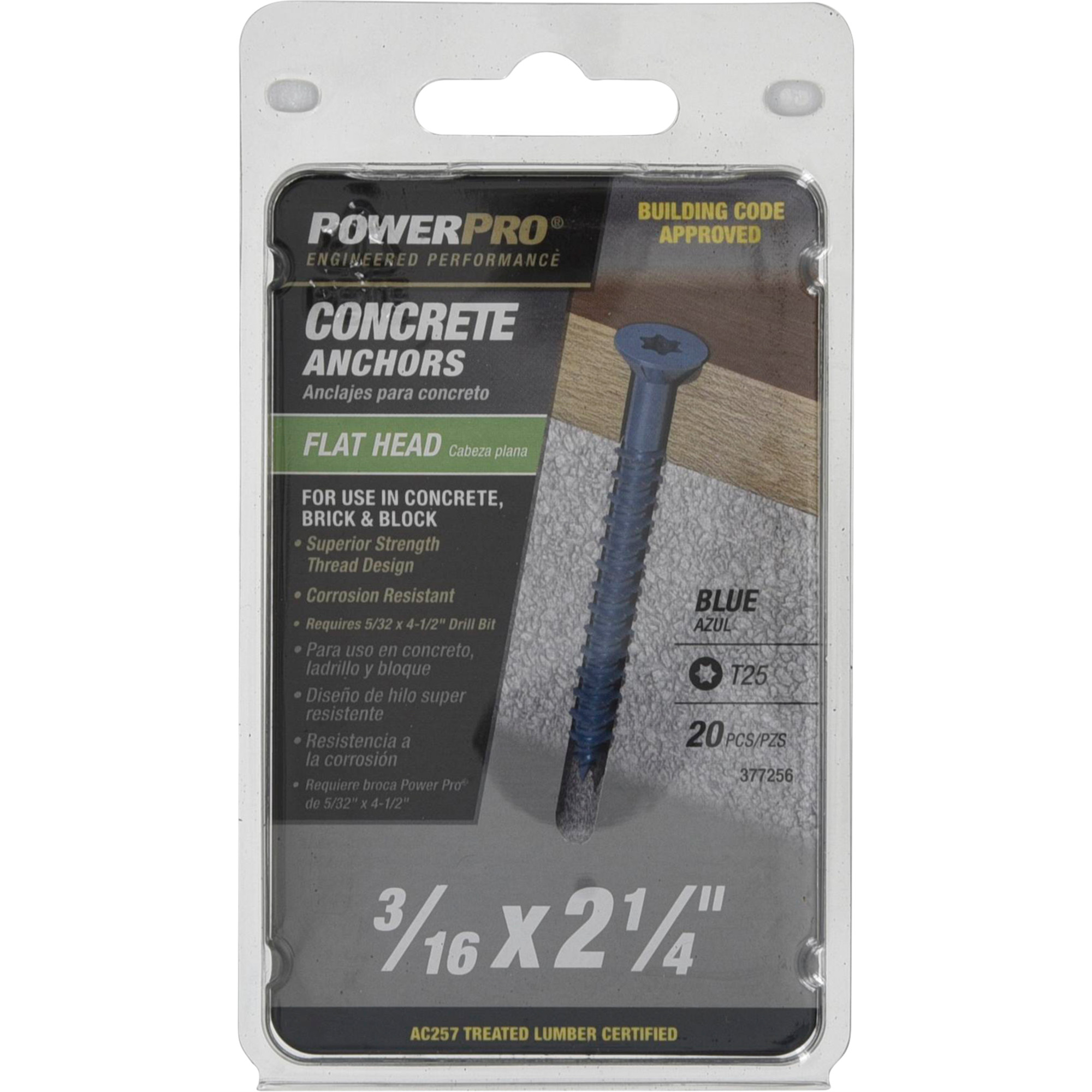 Power Pro Blue Flat-Head Concrete Screw Anchor (3/16 in. x 2-1/4 in.) - 20 pc
