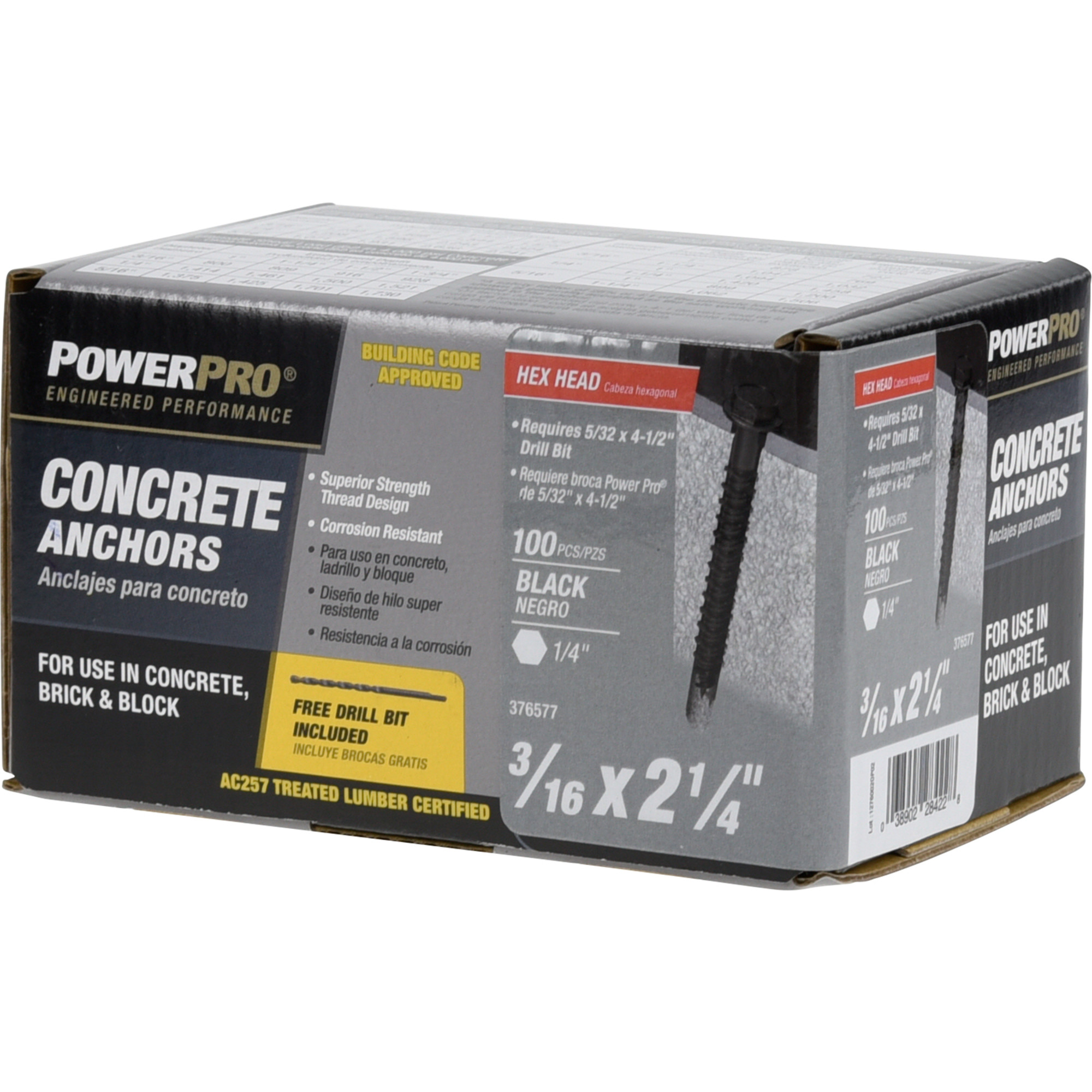 Power Pro Black Hex Washer-Head Concrete Screw Anchor (3/16 in. x 2-1/4 in.) - 100 pc