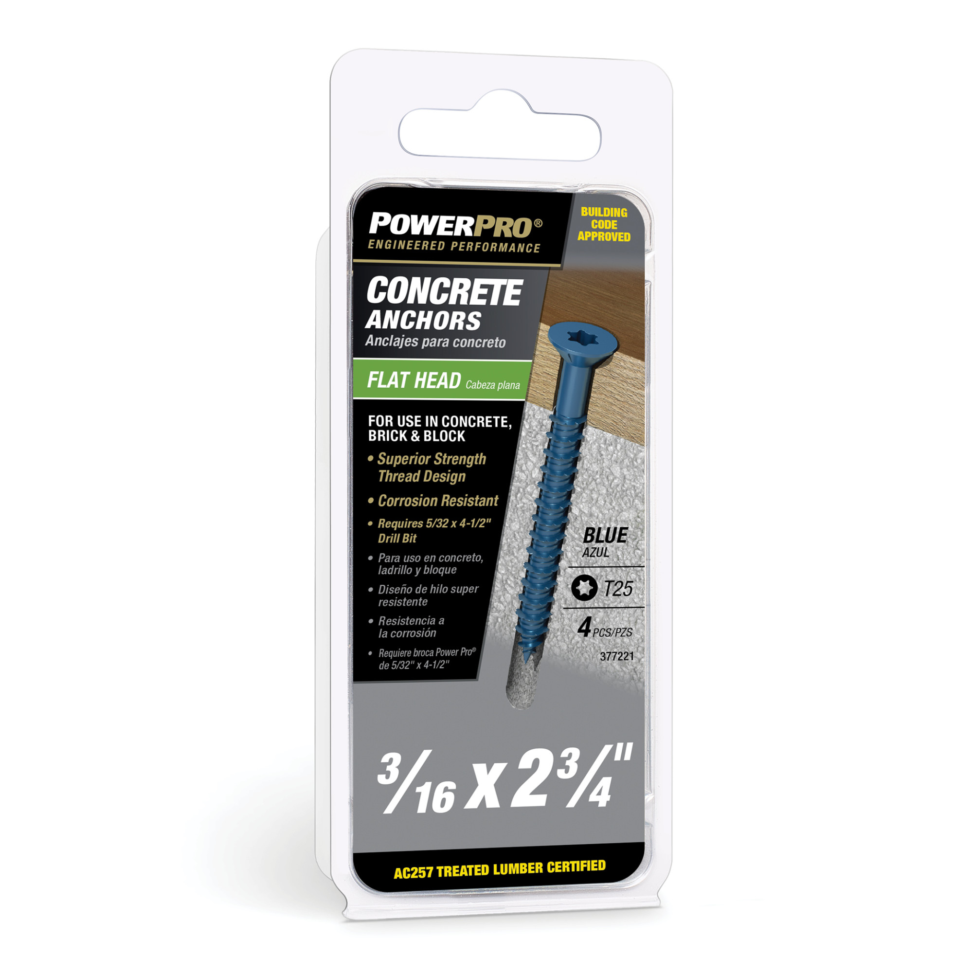 Power Pro Blue Flat-Head Concrete Screw Anchor (3/16 in. x 2-3/4 in.) - 4 pc