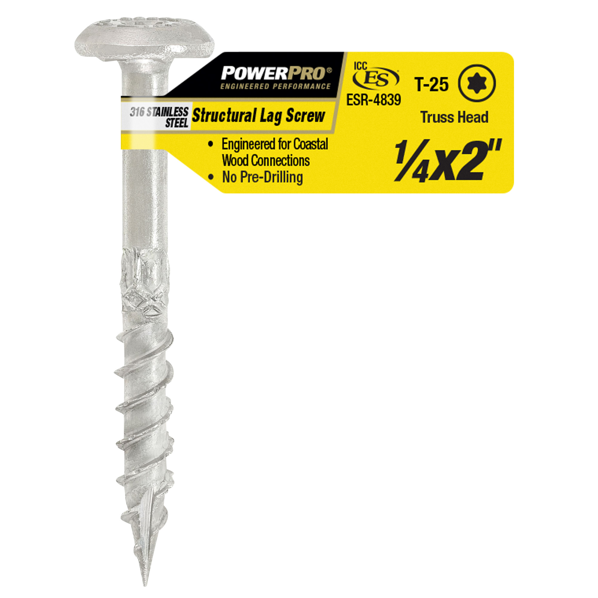 Power Pro 316SS Stainless Steel Structural Lag Screws 1/4 in. x 2 in. - 1pc