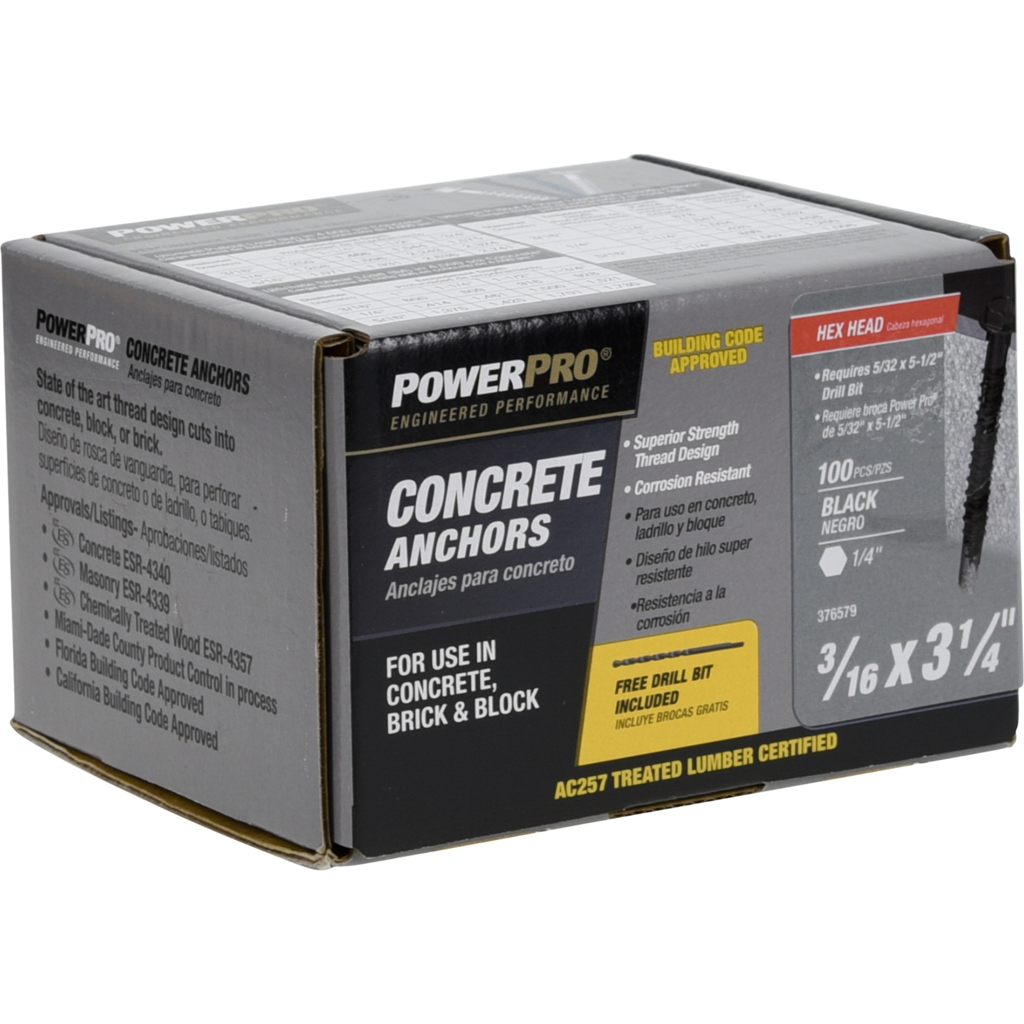 Power Pro Black Hex Washer-Head Concrete Screw Anchor (3/16 in. x 3-1/4 in.) - 100 pc