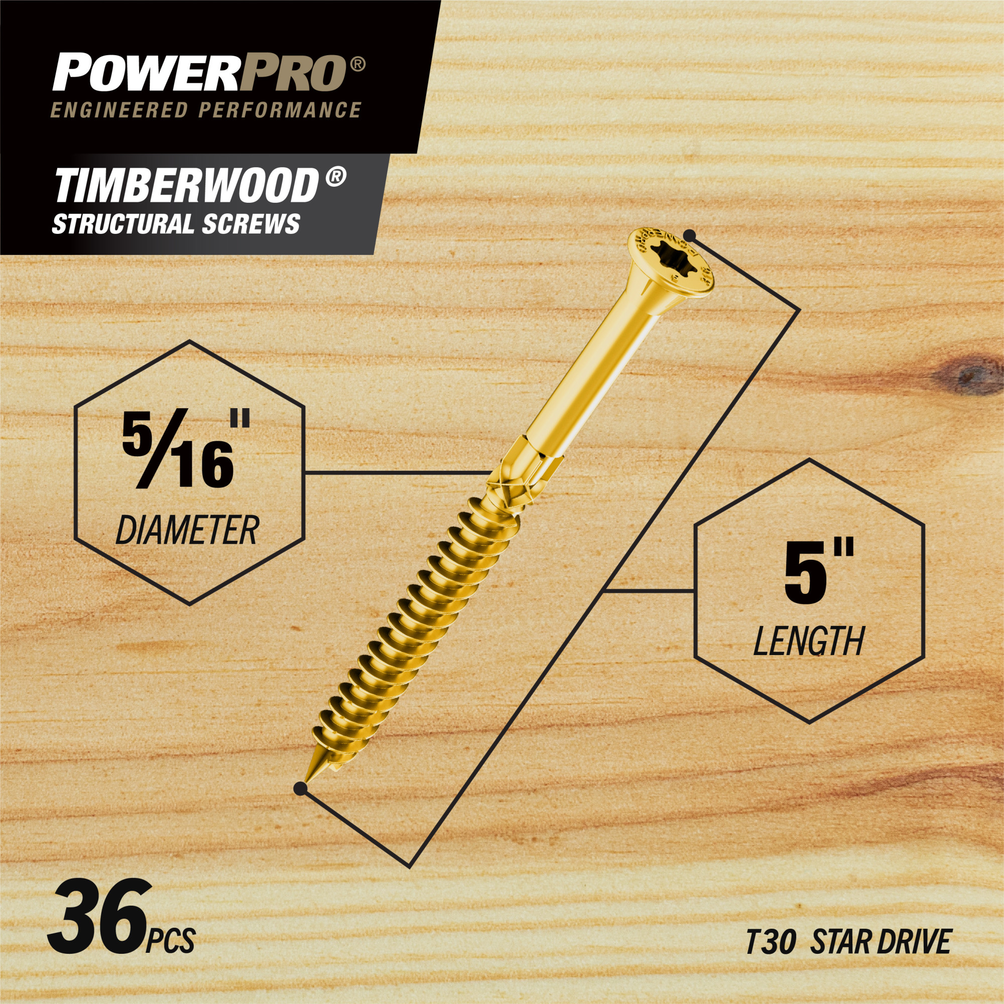 Power Pro TimberWood Bronze Structural Screws (5/16 in. x 5 in.) - 36pc