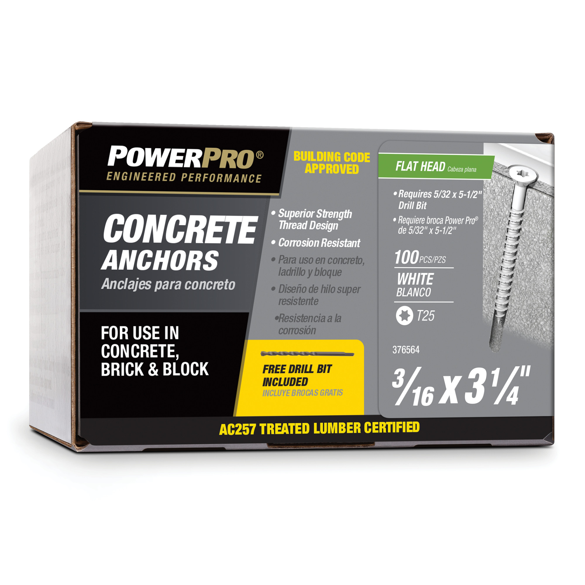 Power Pro White Flat-Head Concrete Screw Anchor (3/16 in. x 3-1/4 in.) - 100 pc