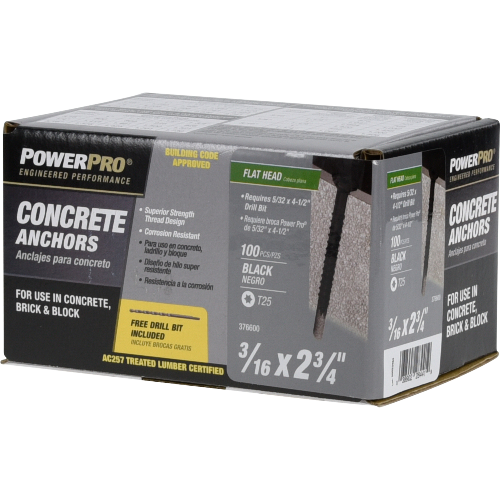 Power Pro Black Flat-Head Concrete Screw Anchor (3/16 in. x 2-3/4 in.) - 100 pc