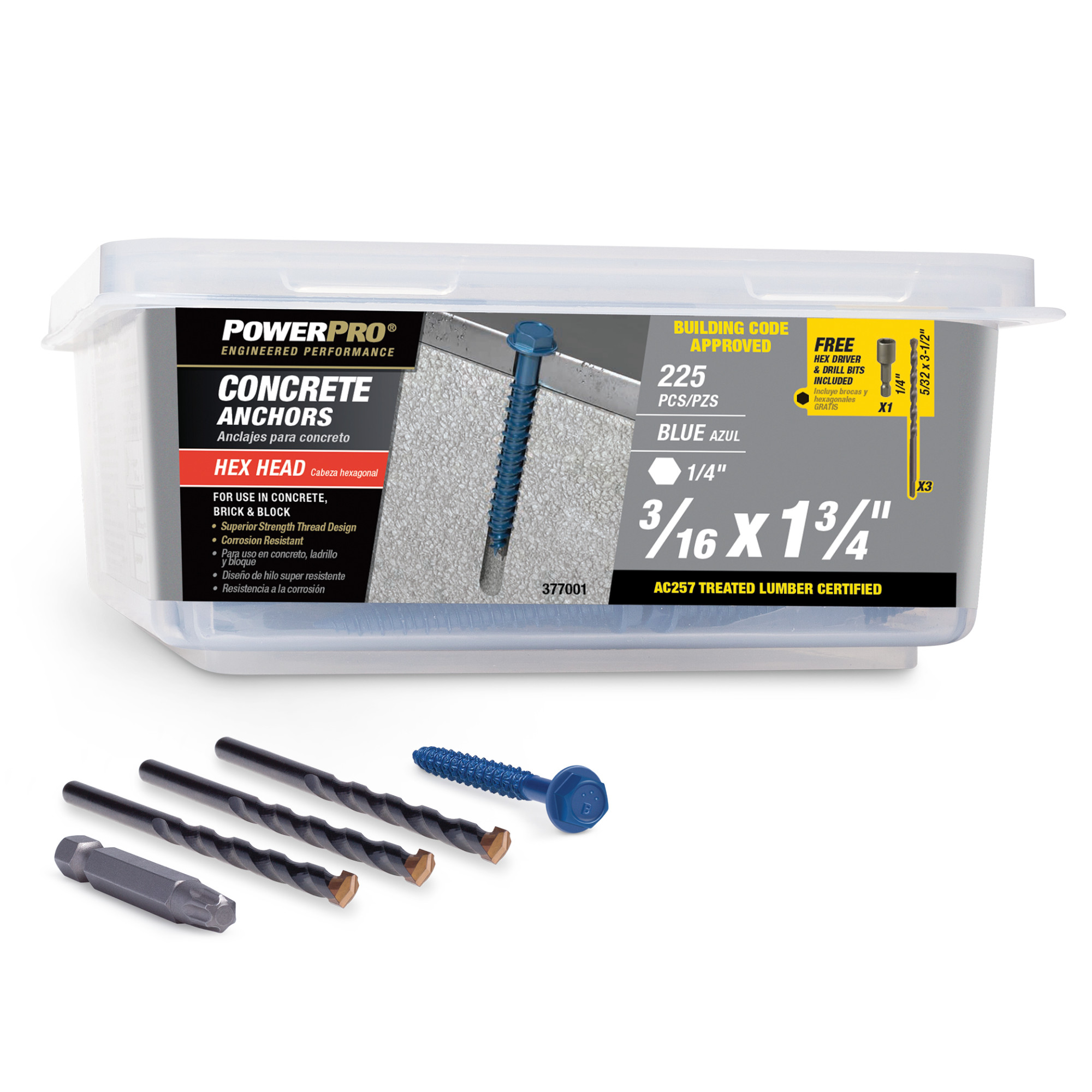 Power Pro Blue Hex Washer-Head Concrete Screw Anchor (3/16 in. x 1-3/4 in.) - 225 pc
