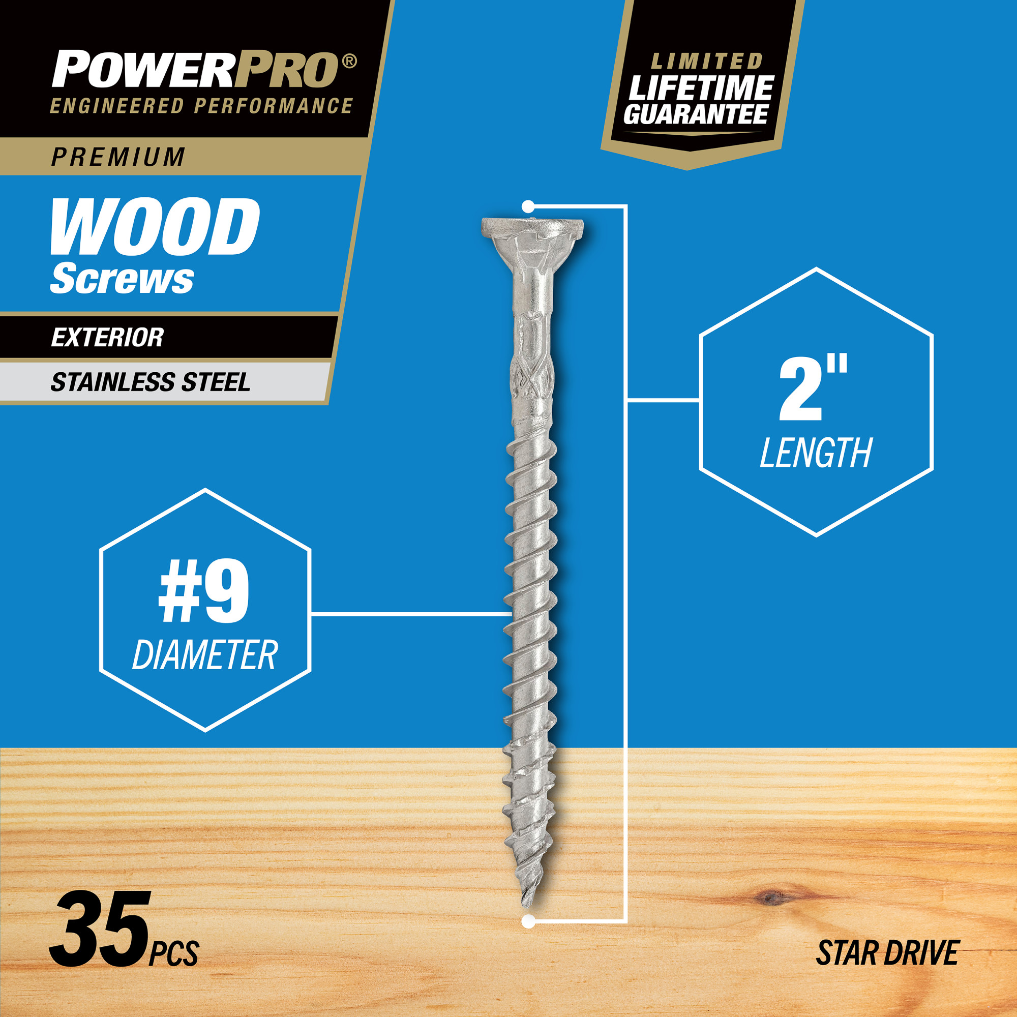 Power Pro Premium 305 Stainless Steel Wood Screws (#9 x 2 in.) - 35 pc