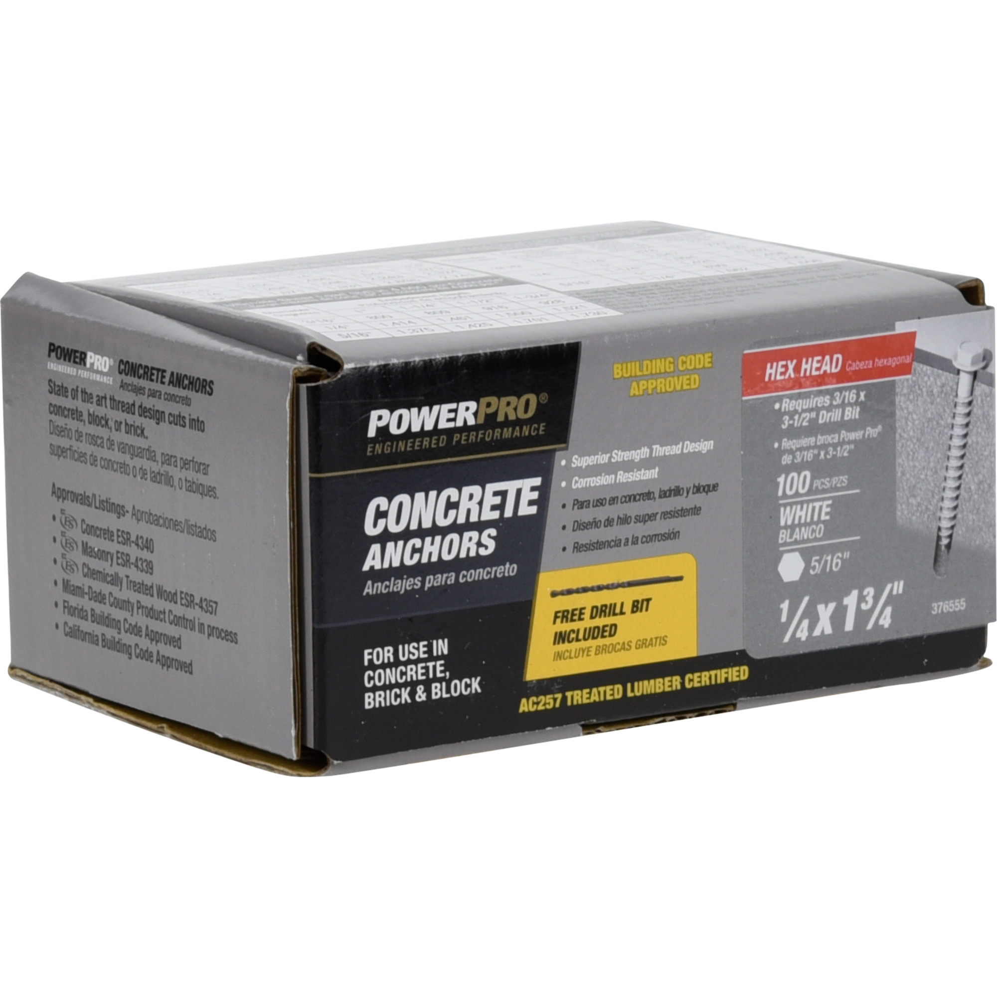 Power Pro White Hex Washer-Head Concrete Screw Anchor (1/4 in. x 1-3/4 in.) - 100 pc