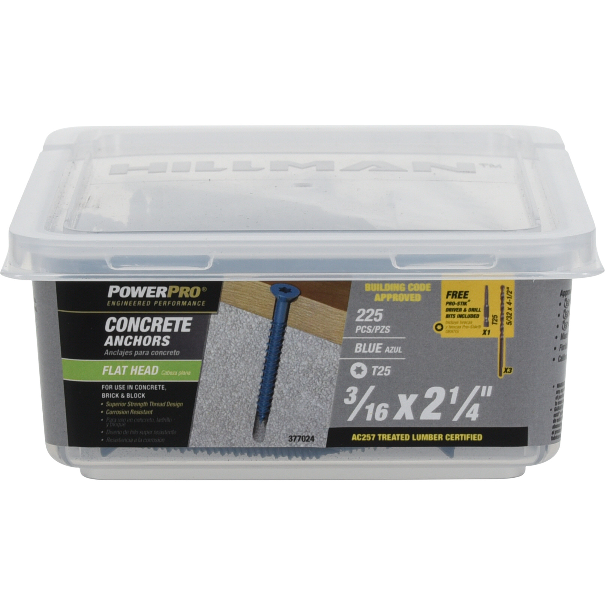 Power Pro Blue Flat-Head Concrete Screw Anchor (3/16 in. x 2-1/4 in.) - 225 pc