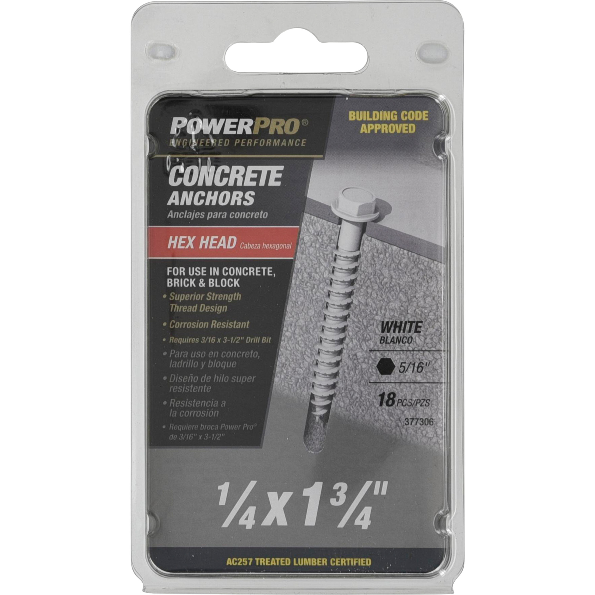 Power Pro White Hex Washer-Head Concrete Screw Anchor (1/4 in. x 1-3/4 in.) - 18 pc