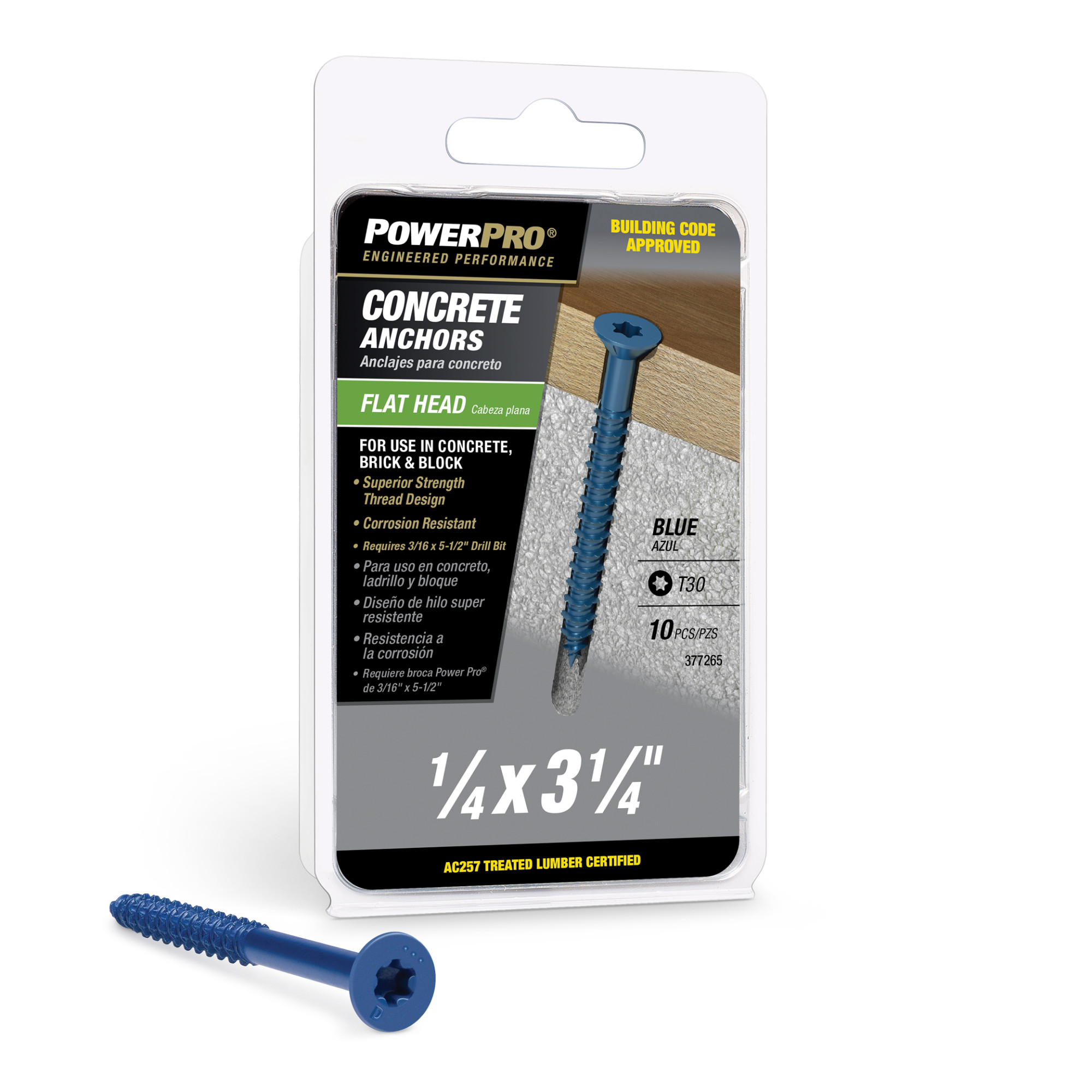 Power Pro Blue Flat-Head Concrete Screw Anchor (1/4 in. x 3-1/4 in.) - 10 pc