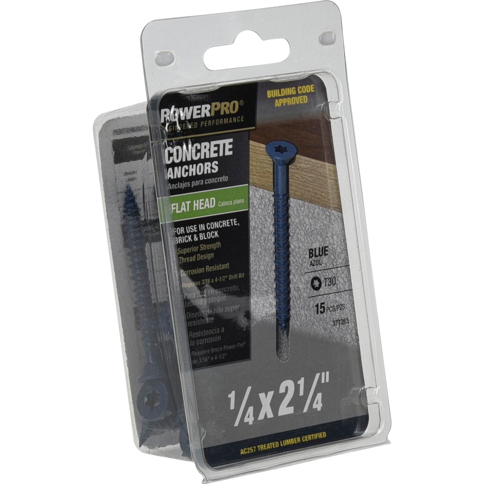 Power Pro Blue Flat-Head Concrete Screw Anchor (1/4 in. x 2-1/4 in.) - 15 pc