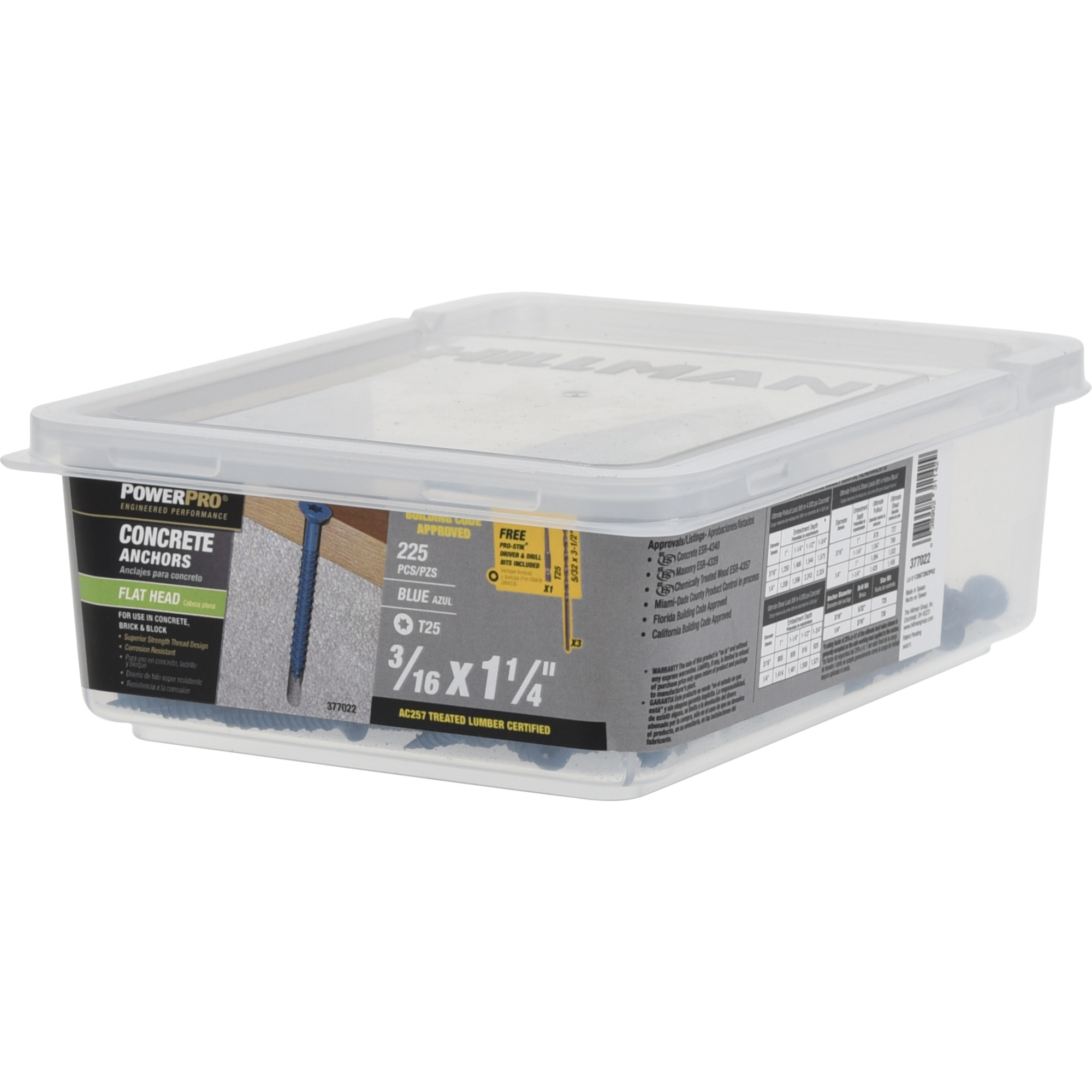 Power Pro Blue Flat-Head Concrete Screw Anchor (3/16 in. x 1-1/4 in.) - 225 pc