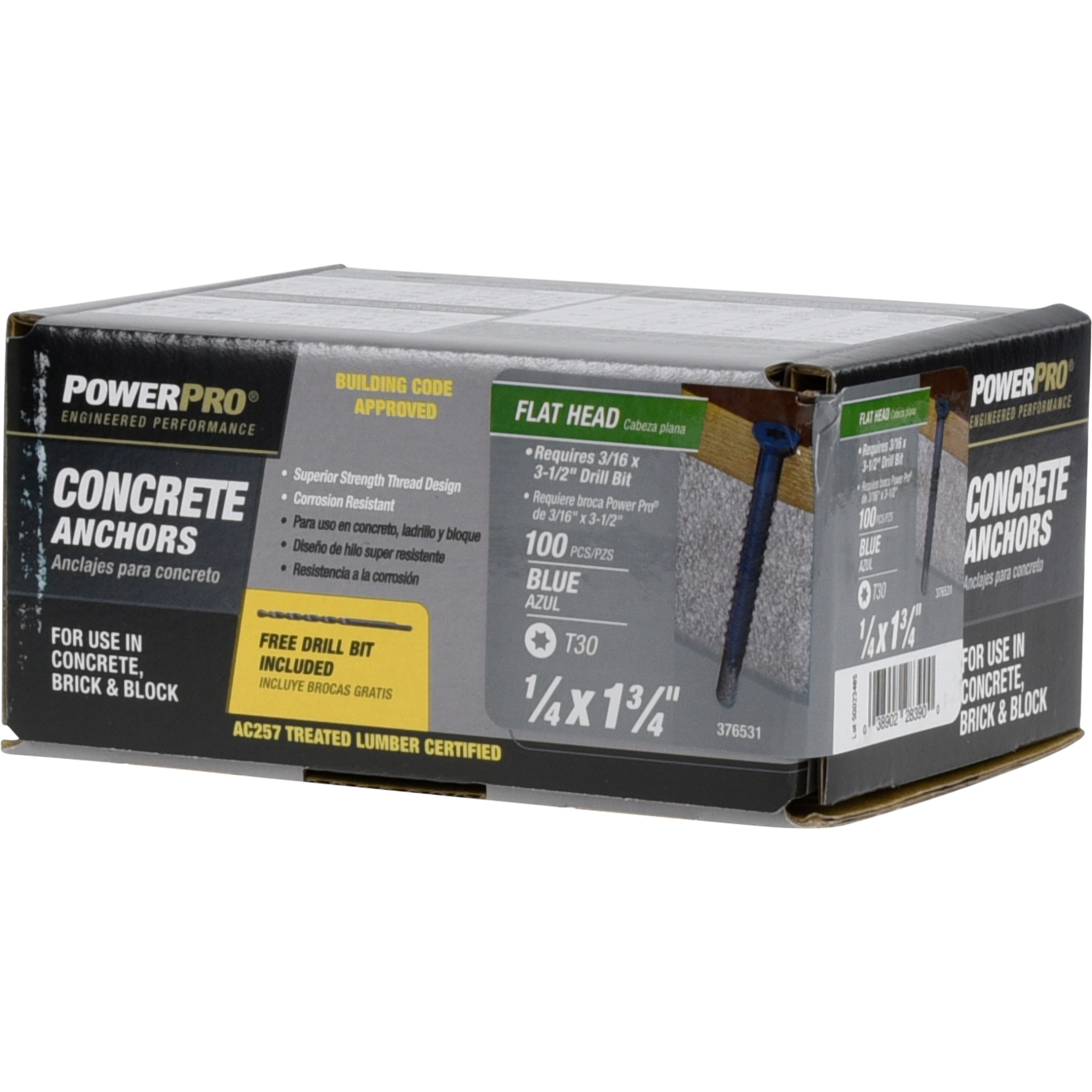 Power Pro Blue Flat-Head Concrete Screw Anchor (1/4 in. x 1-3/4 in.) - 100 pc