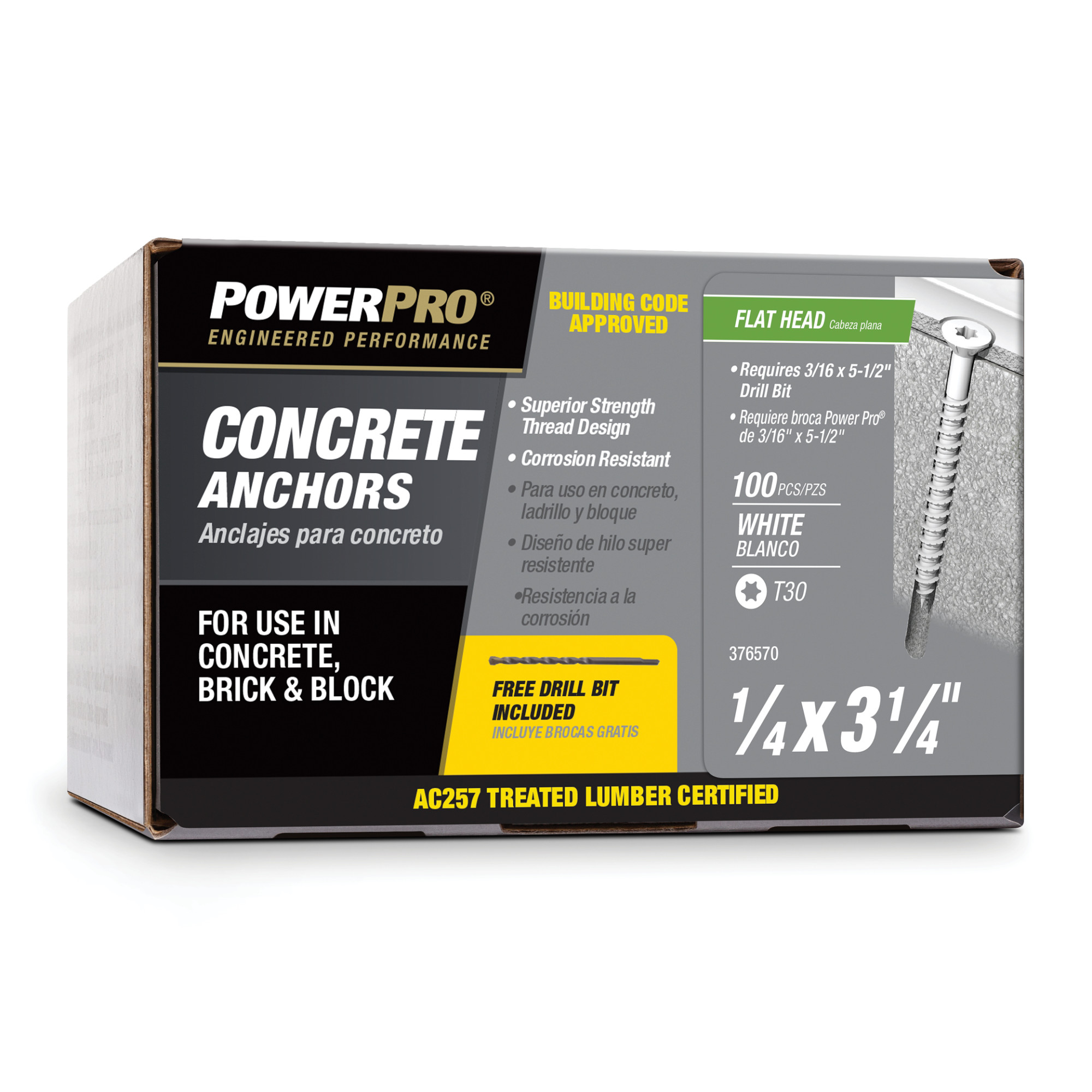 Power Pro White Flat-Head Concrete Screw Anchor (1/4 in. x 3-1/4 in.) - 100 pc