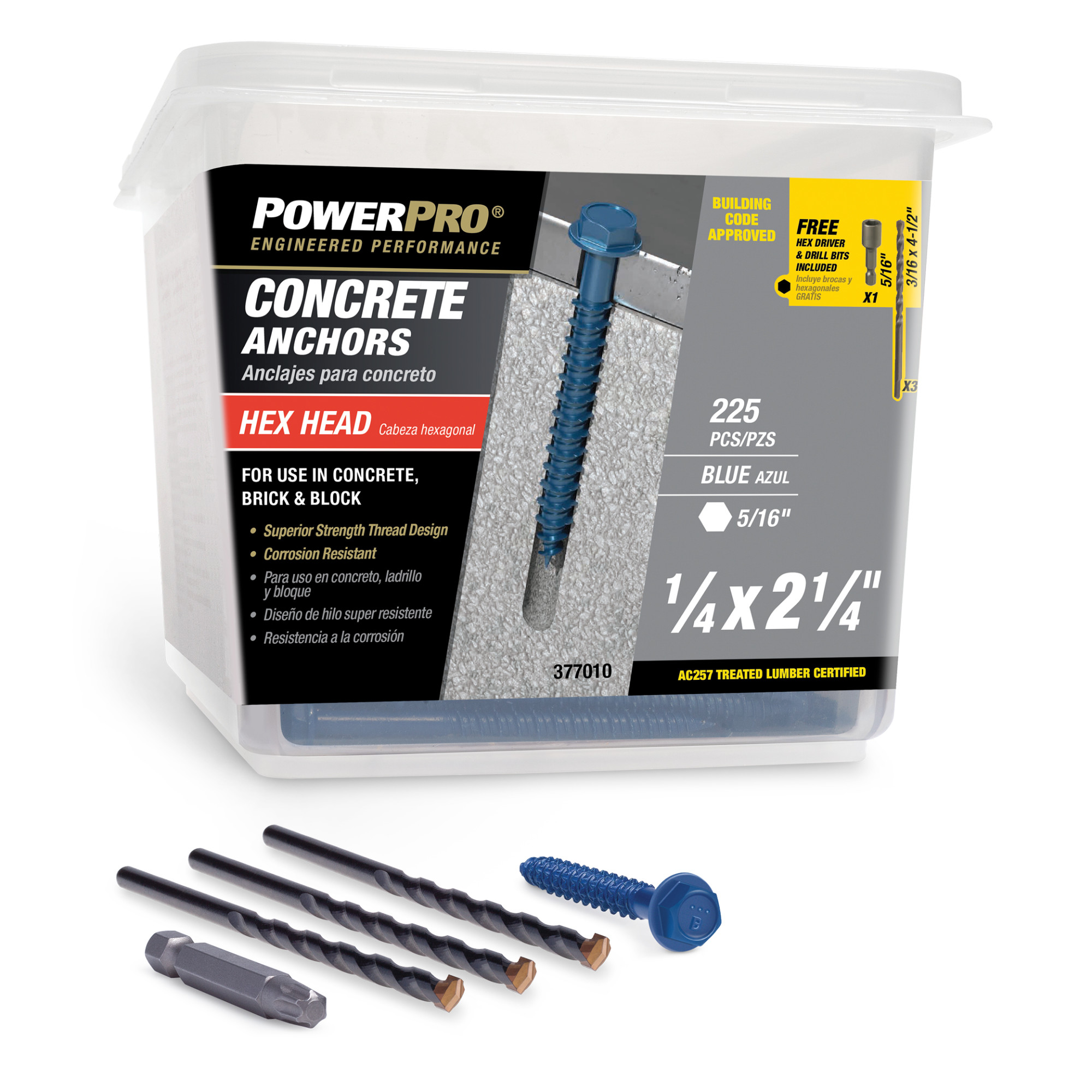 Power Pro Blue Hex Washer-Head Concrete Screw Anchor (1/4 in. x 2-1/4 in.) - 225 pc
