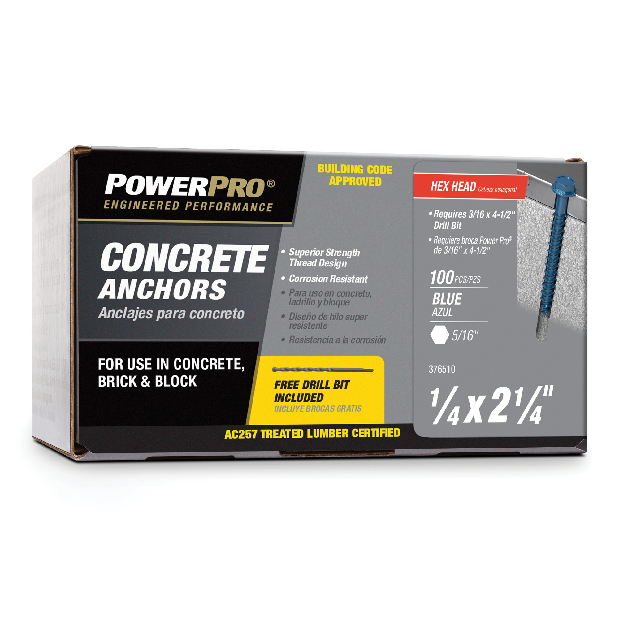 Power Pro Blue Hex Washer-Head Concrete Screw Anchor (1/4 in. x 2-1/4 in.) - 100 pc