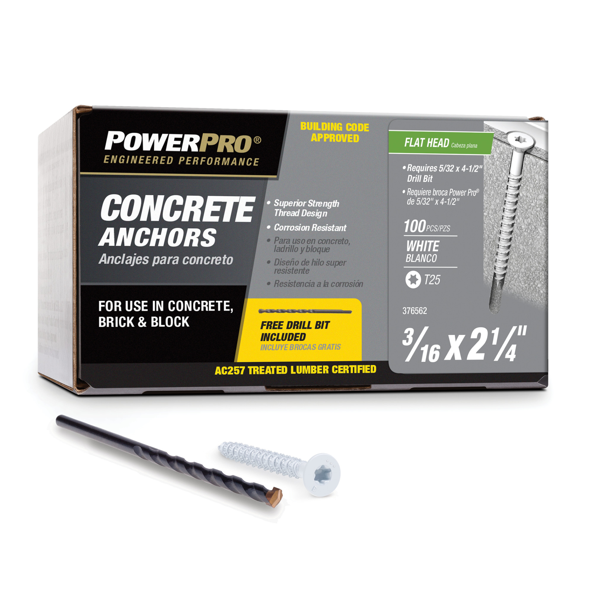 Power Pro White Flat-Head Concrete Screw Anchor (3/16 in. x 2-1/4 in.) - 100 pc