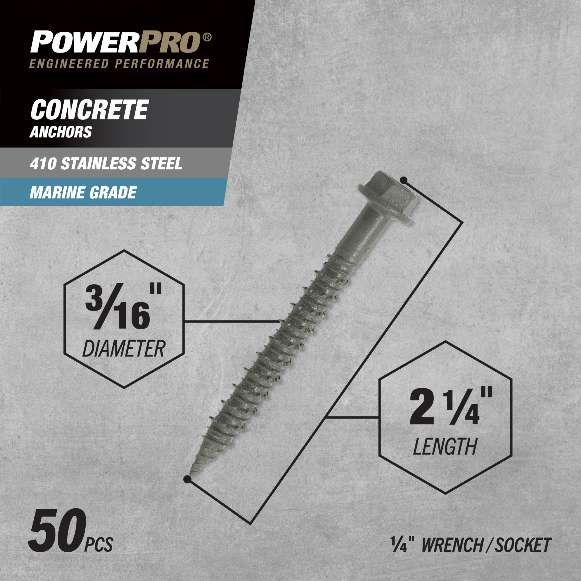Power Pro 410 Stainless Hex Washer Concrete Screw Anchor (3/16 in. x 2-1/4 in.)100pc