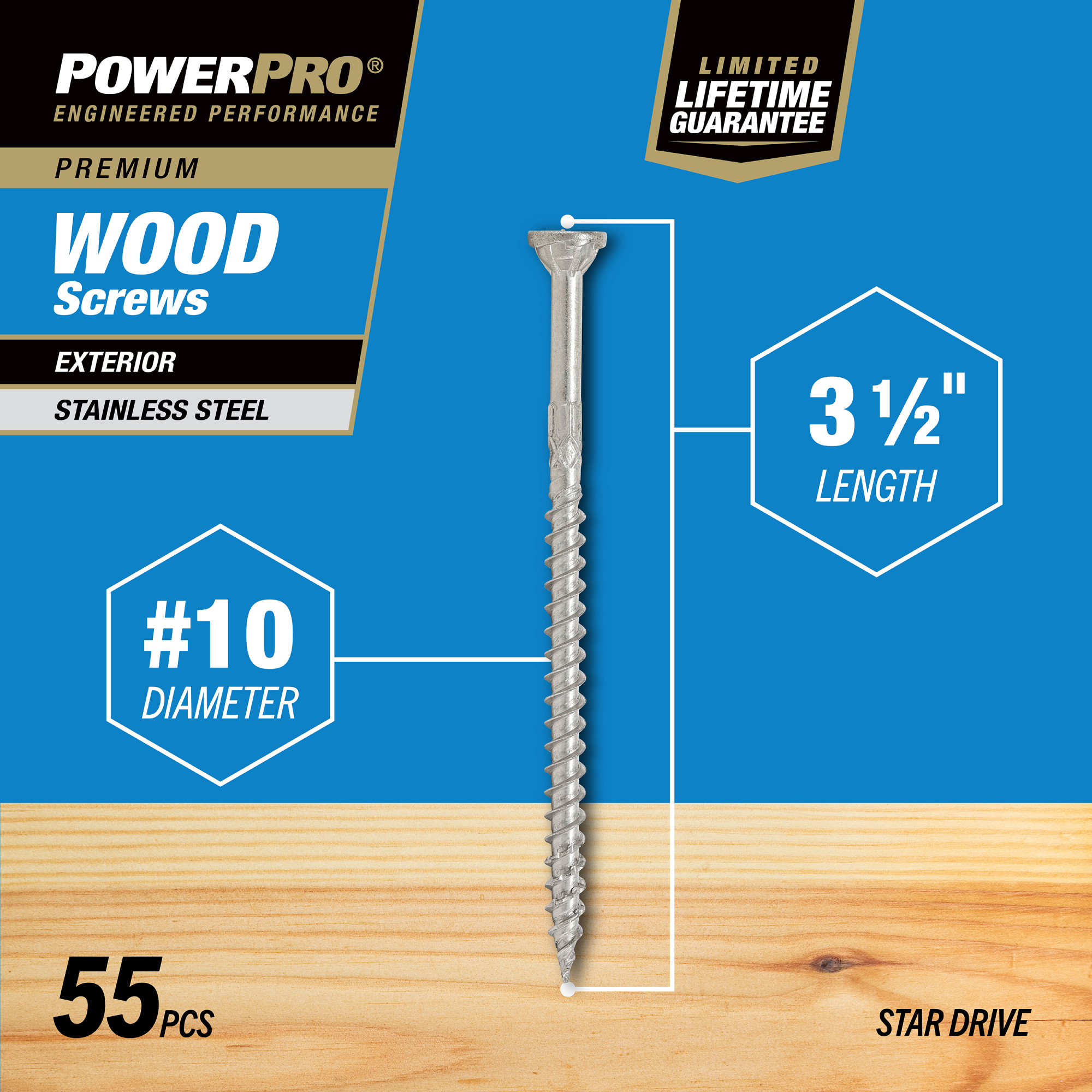 Power Pro Premium 305 Stainless Steel Wood Screws (#10 x 3-1/2 in.) - 55 pc