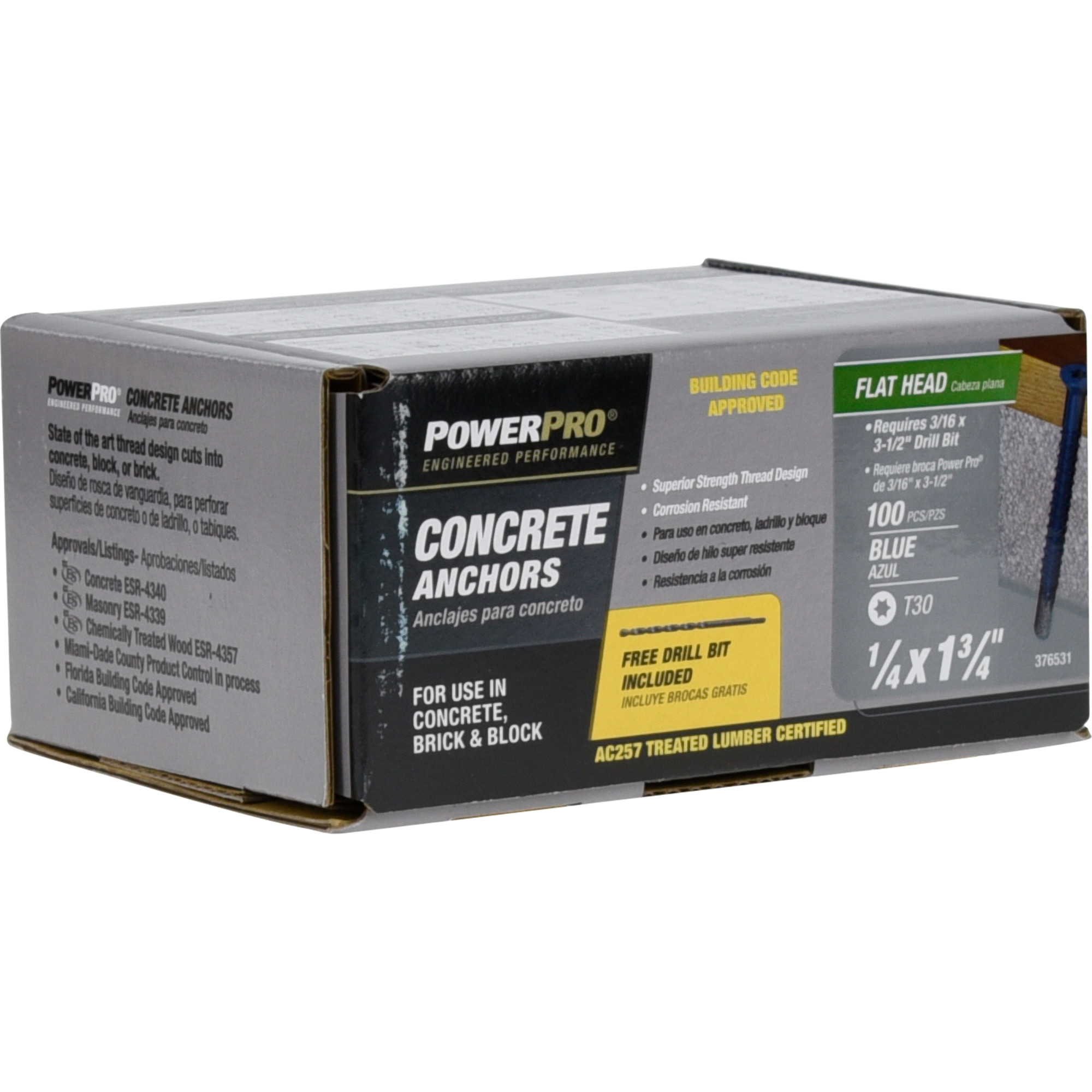 Power Pro Blue Flat-Head Concrete Screw Anchor (1/4 in. x 1-3/4 in.) - 100 pc