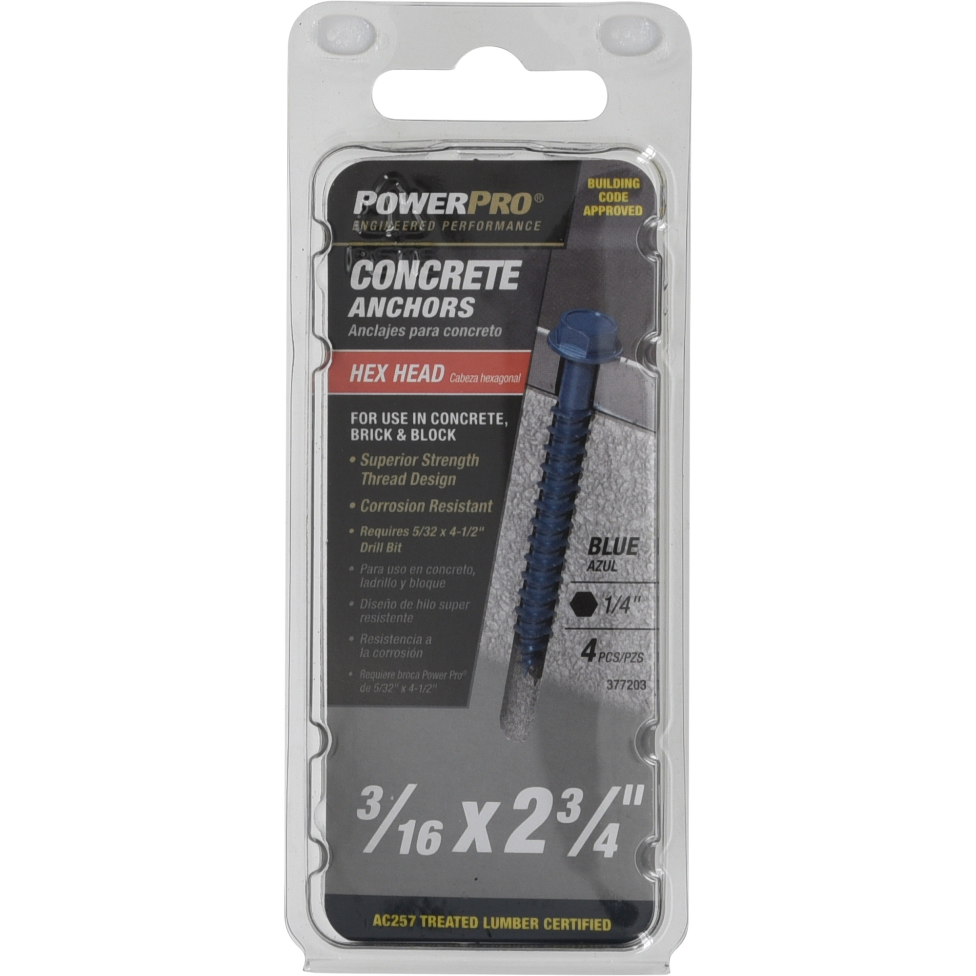 Power Pro Blue Hex Washer-Head Concrete Screw Anchor (3/16 in. x 2-3/4 in.) - 4 pc