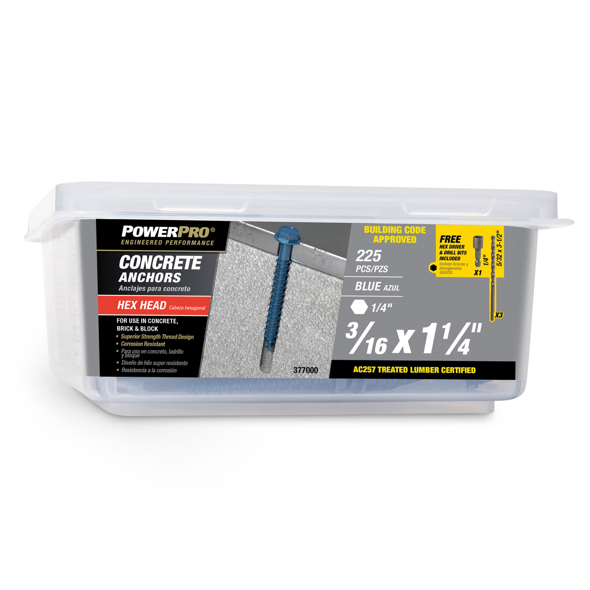 Power Pro Blue Hex Washer-Head Concrete Screw Anchor (3/16 in. x 1-1/4 in.) - 225 pc