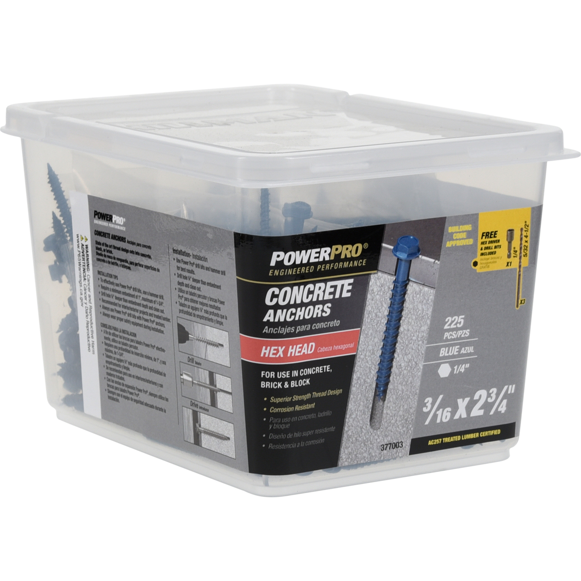 Power Pro Blue Hex Washer-Head Concrete Screw Anchor (3/16 in. x 2-3/4 in.) - 225 pc