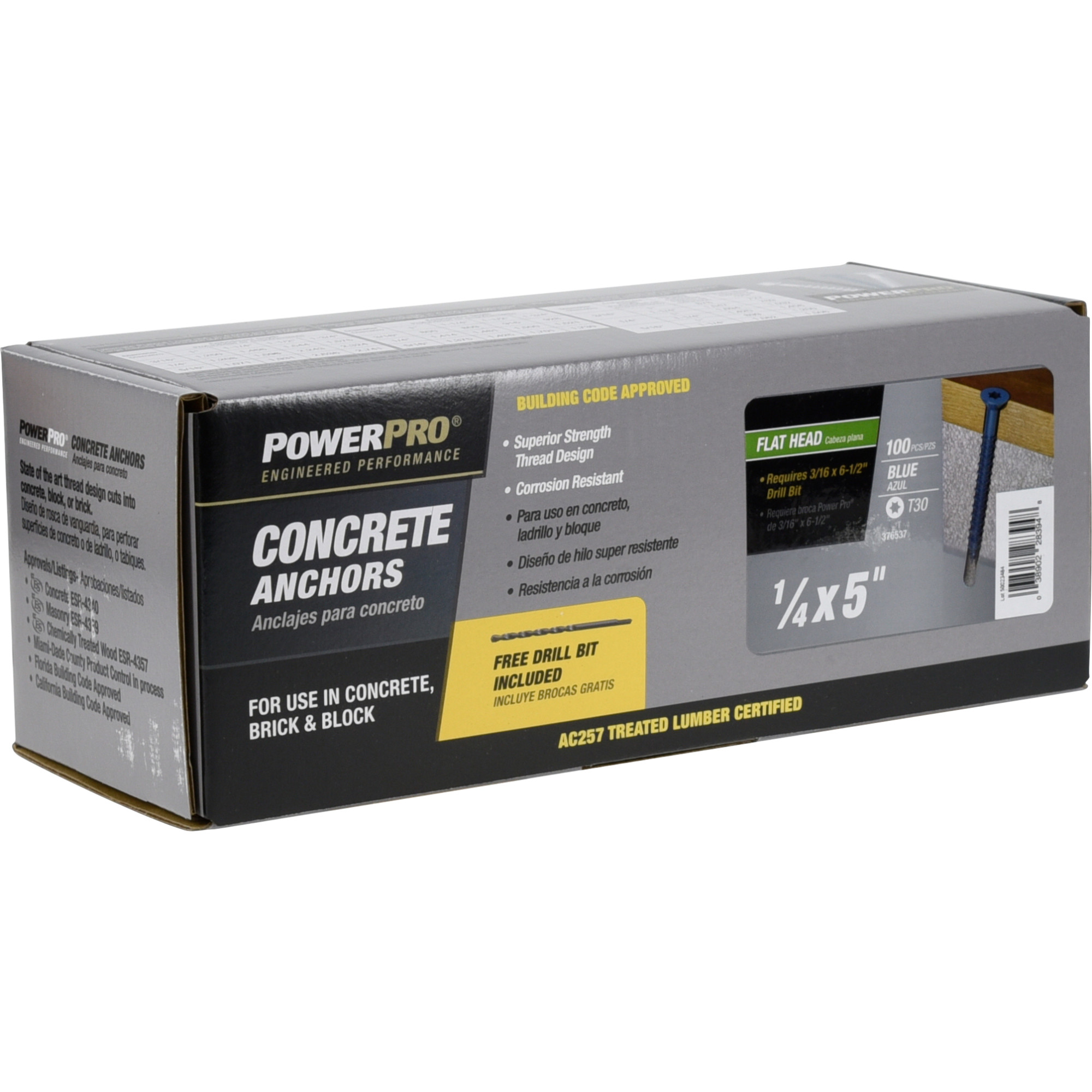 Power Pro Blue Flat-Head Concrete Screw Anchor (1/4 in. x 5 in.) - 100 pc