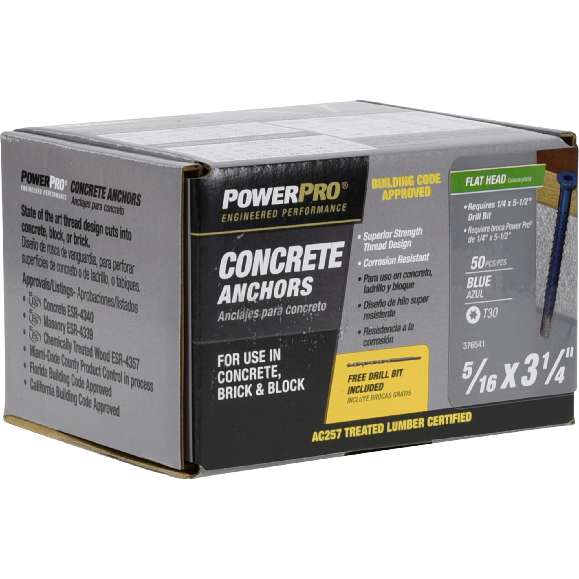 Power Pro Blue Flat-Head Concrete Screw Anchor (5/16 in. x 3-1/4 in.) - 50 pc