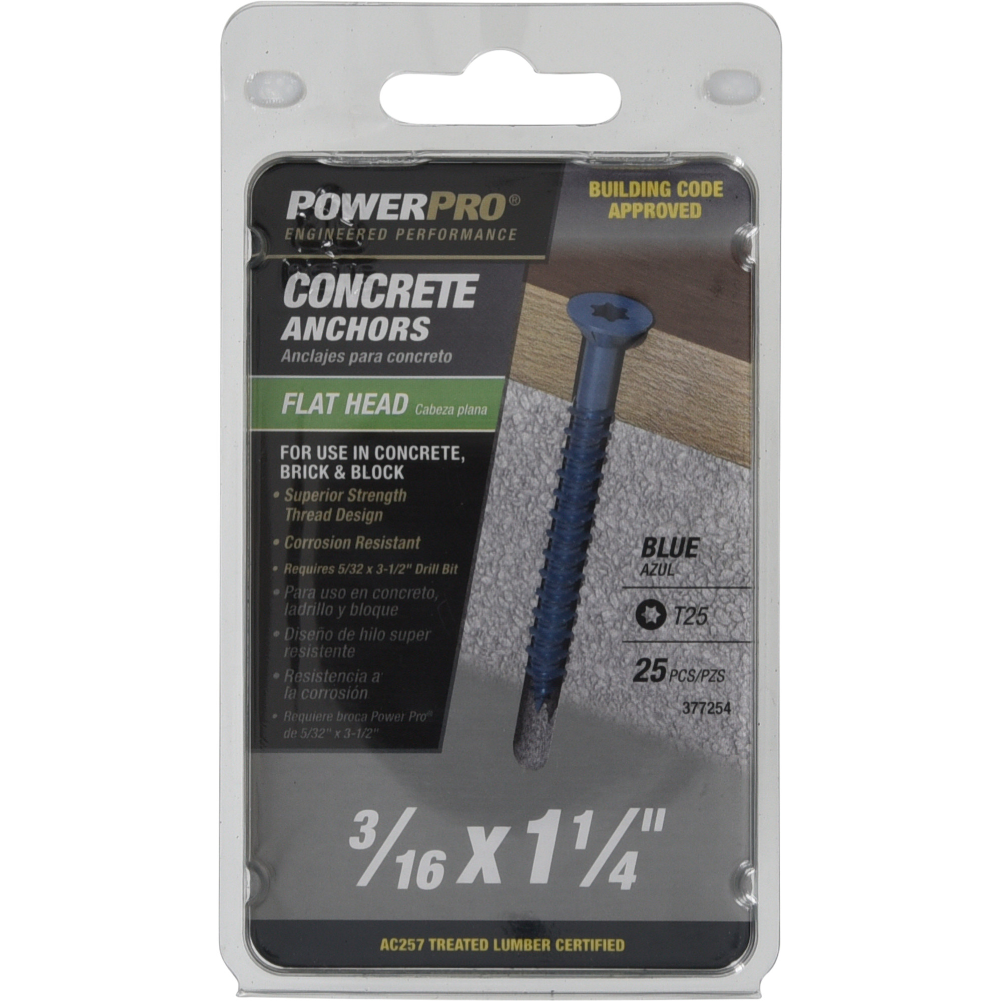 Power Pro Blue Flat-Head Concrete Screw Anchor (3/16 in. x 1-1/4 in.) - 25 pc