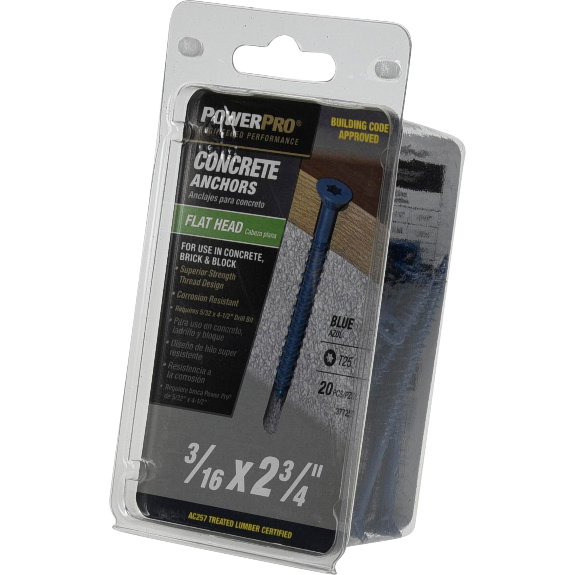 Power Pro Blue Flat-Head Concrete Screw Anchor (3/16 in. x 2-3/4 in.) - 20 pc