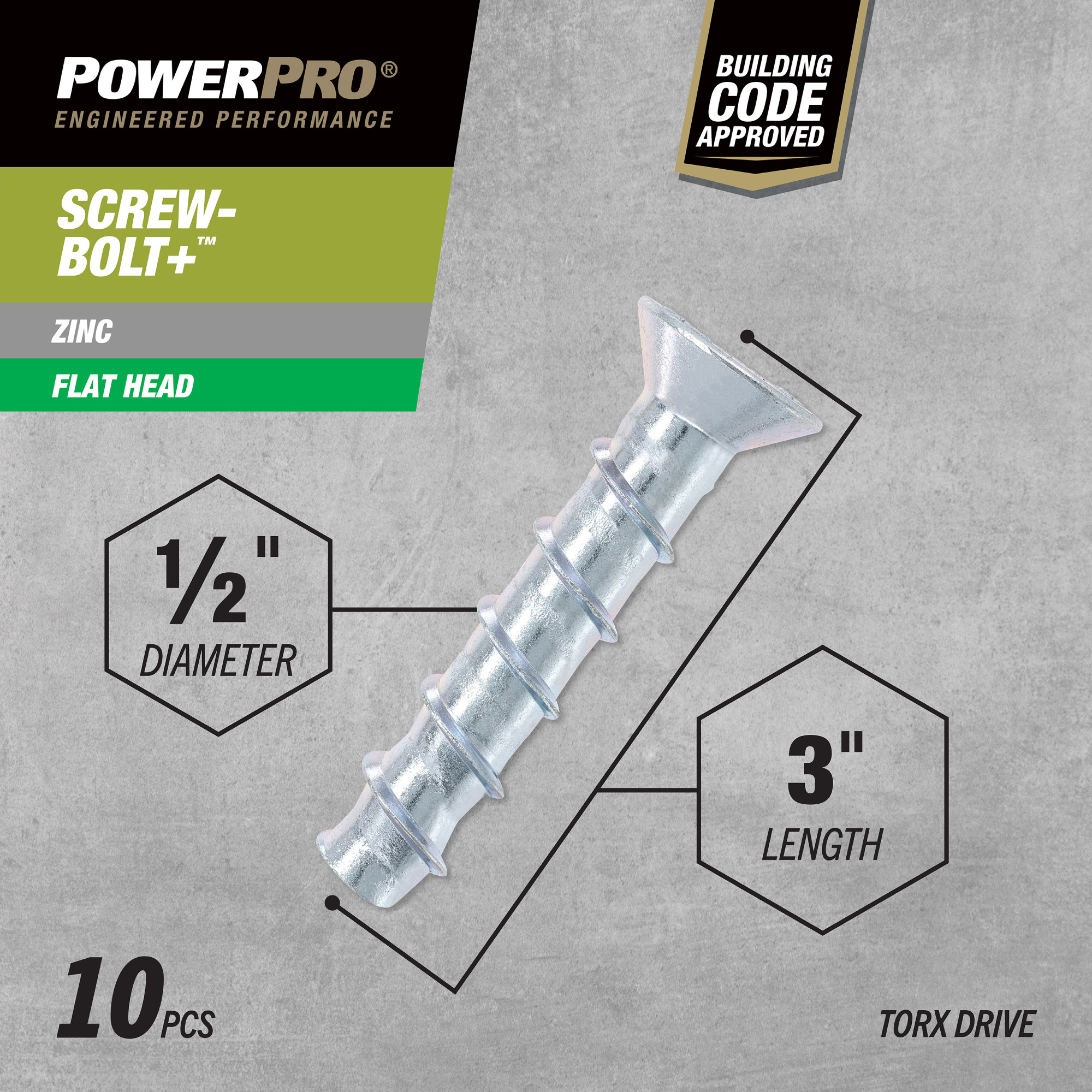 Power Pro Zinc Flat Head Screw-Bolt+ Anchor (1/2 in. x 3 in.) - 10 pc