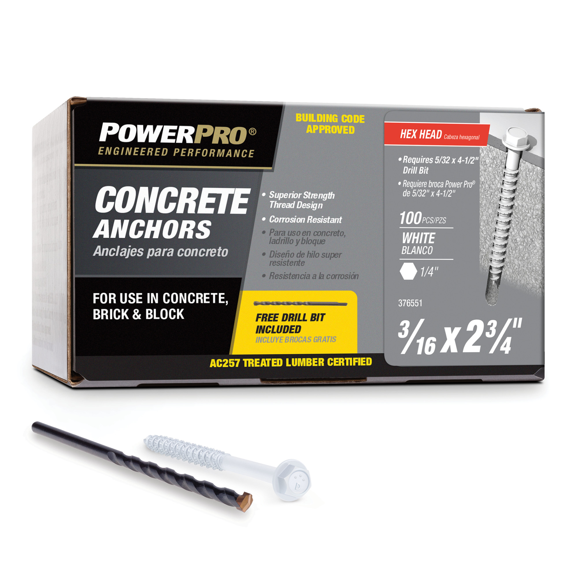 Power Pro White Hex Washer-Head Concrete Screw Anchor (3/16 in. x 2-3/4 in.) - 100 pc