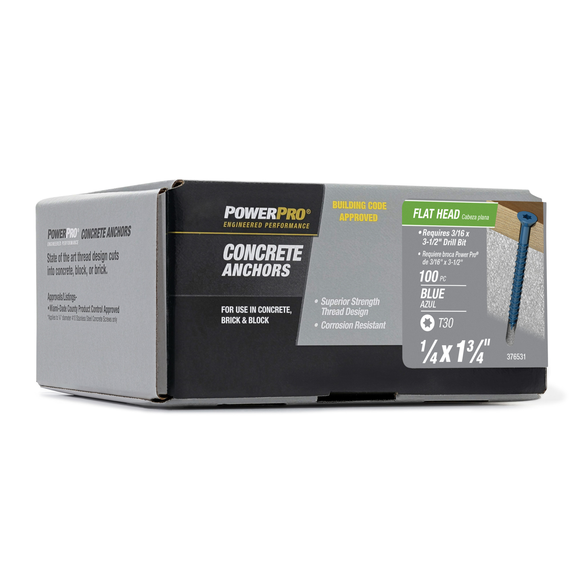 Power Pro Blue Flat-Head Concrete Screw Anchor (1/4 in. x 1-3/4 in.) - 100 pc